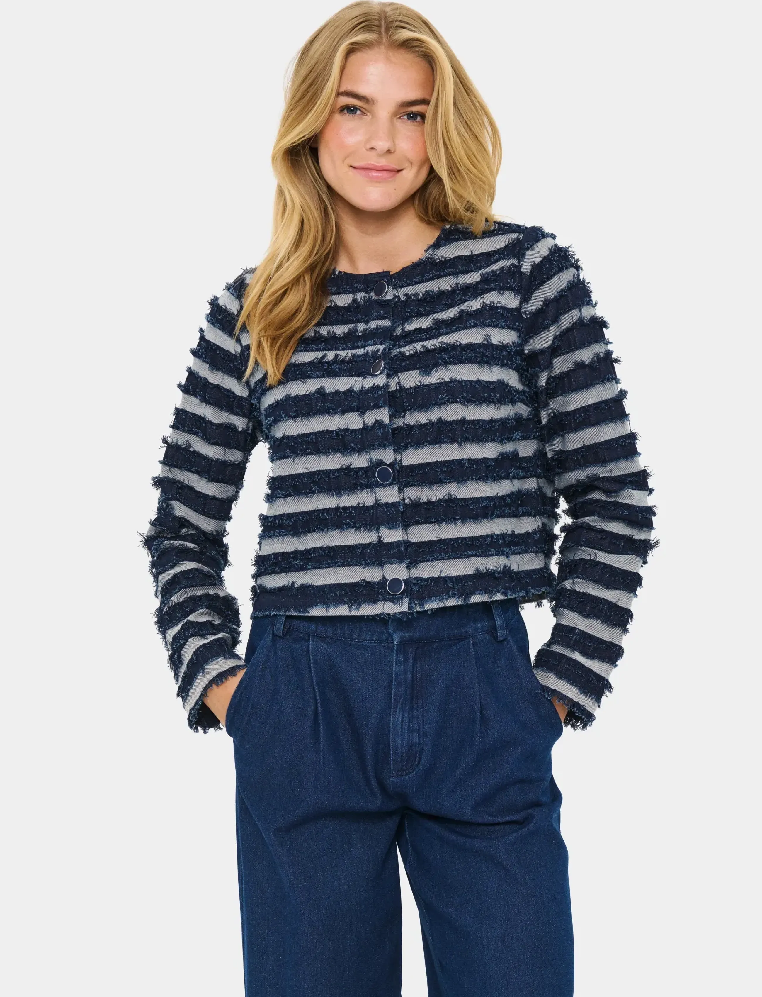 Saint Tropez Maceysz Jacket, Kvinder, Stribet Bouclé Jakke, Navy, Str: L