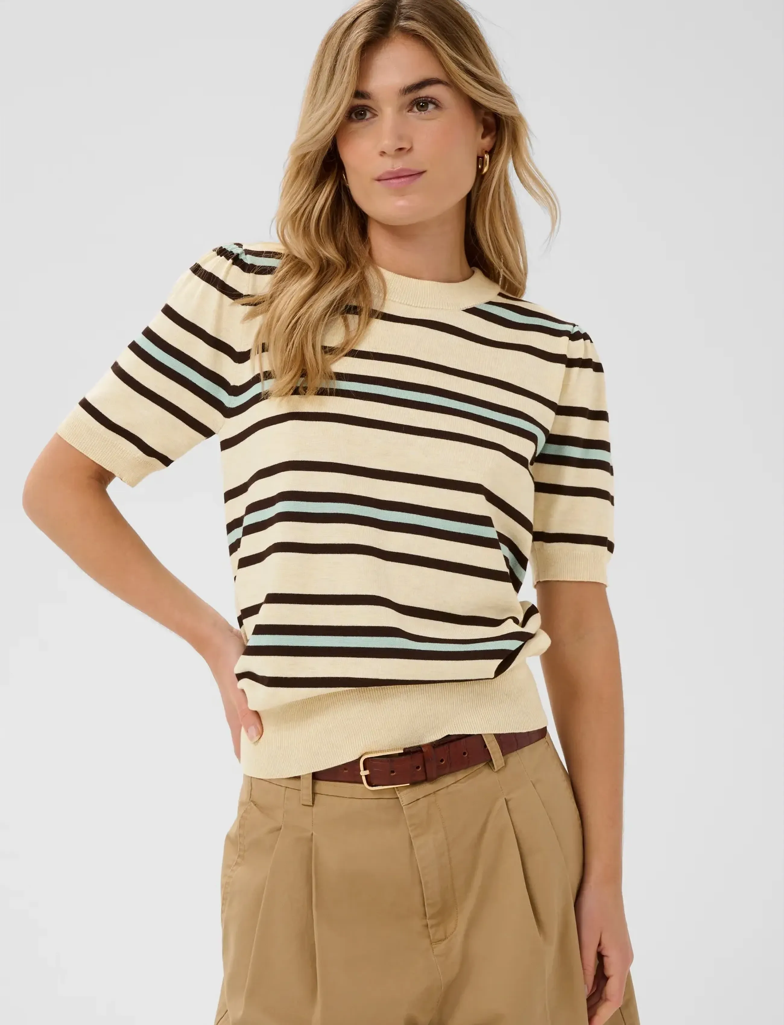 Saint Tropez PilaSZ SS Pullover - Saint Tropez - BROWN RICE ETHER MULTI STRIPE / cream