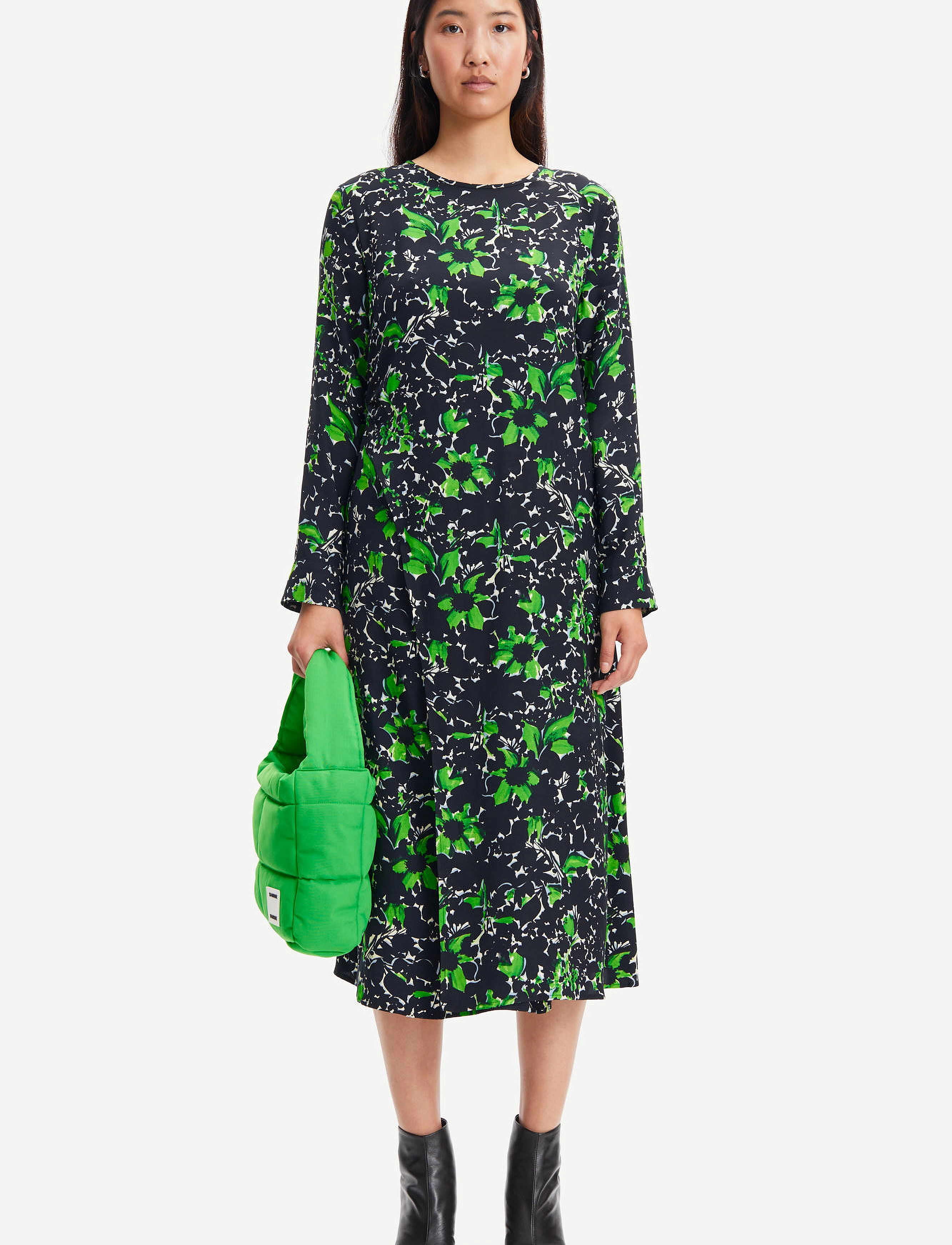 Samsøe Samsøe Agneta Dress Aop 14201, Kvinder, Langærmet Midikjole, Grøn, Str: S