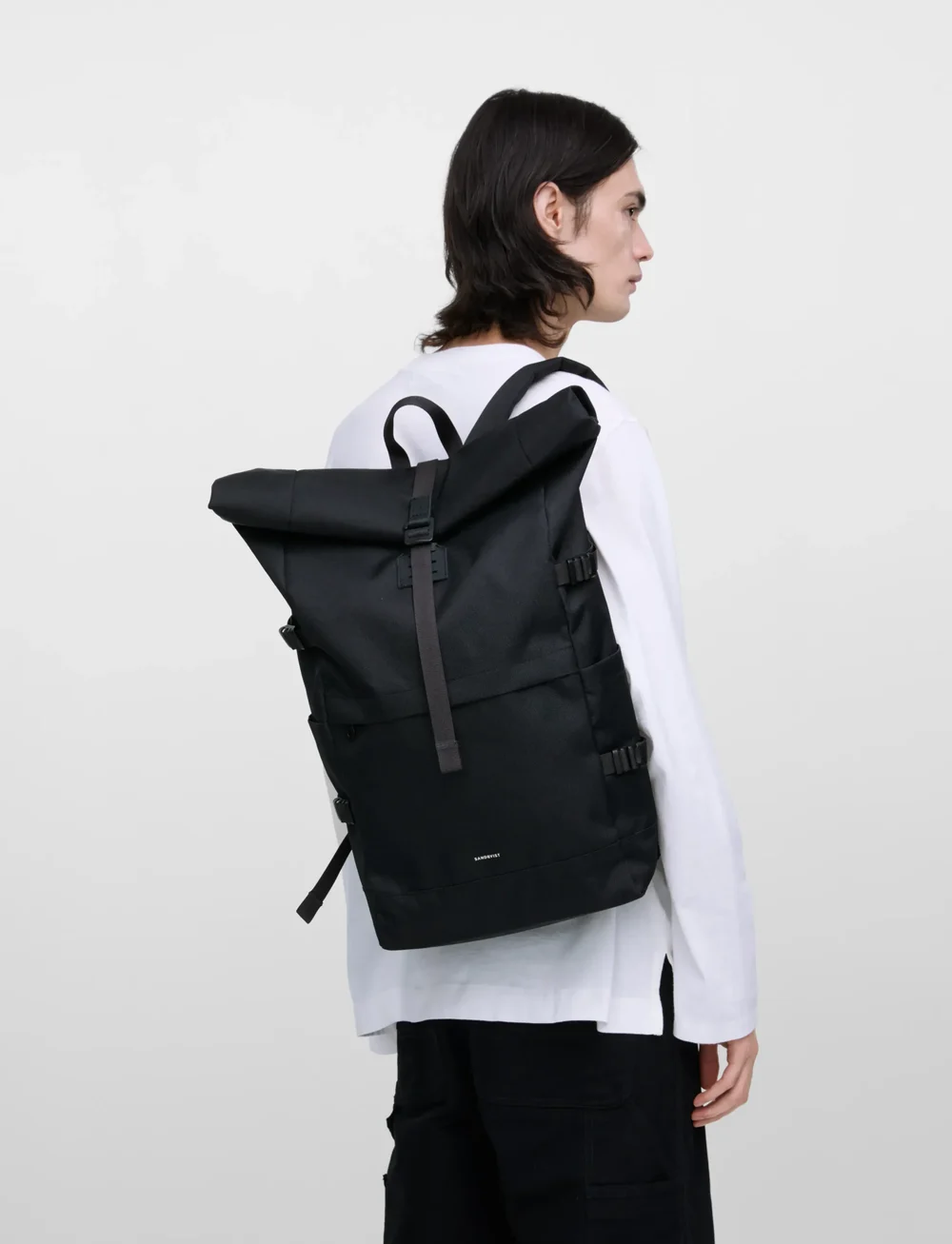 SANDQVIST - ICON Rolltop Backpack L - alltags-style - black/ black with black leather - 5