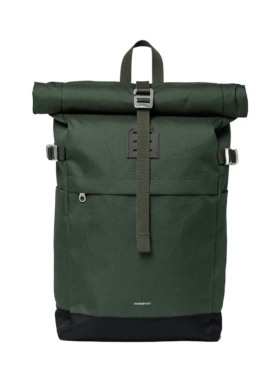 SANDQVIST - ICON Rolltop Backpack M - rolltop-ryggsäckar - dawn green with dark brown leather - 1