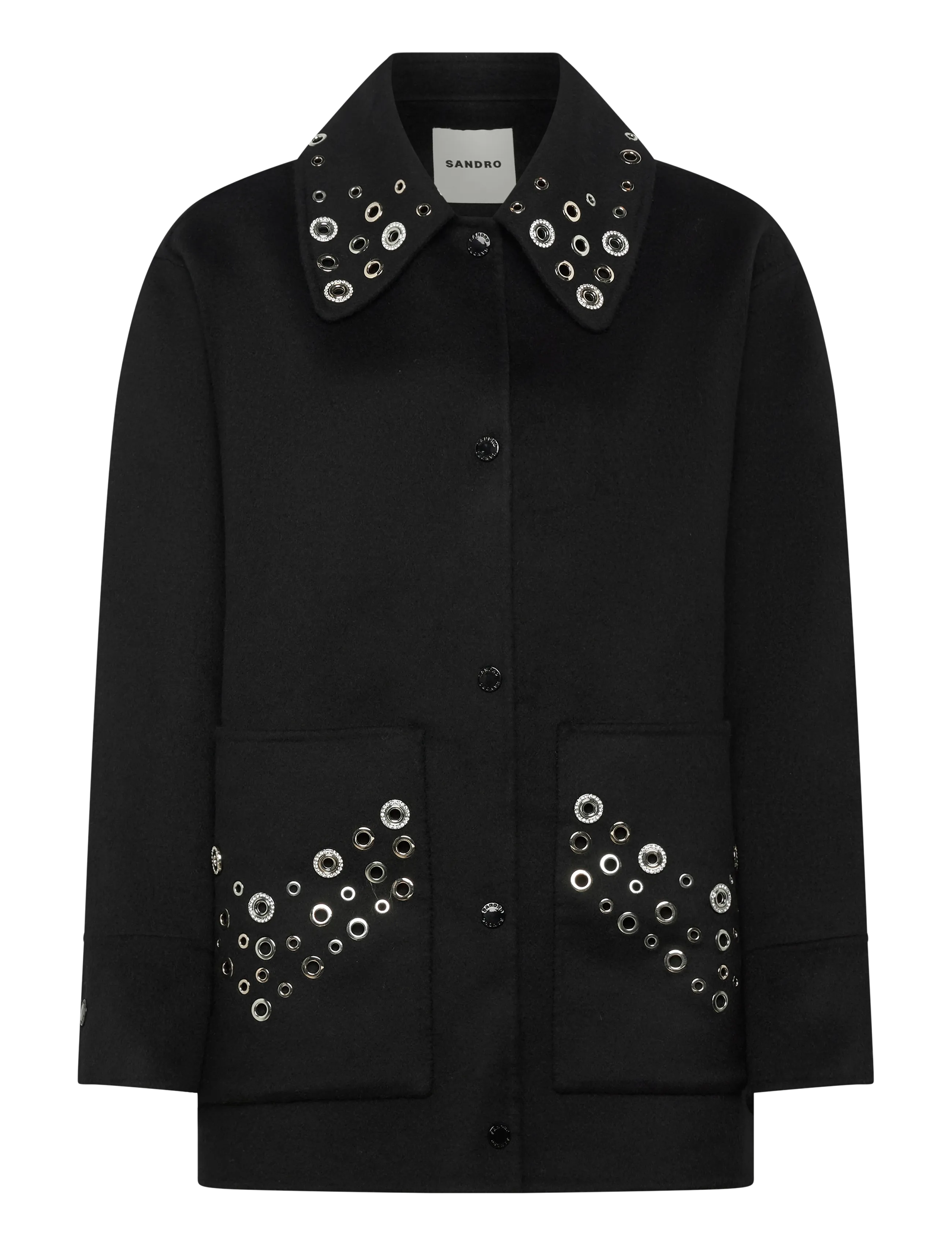 SANDRO Wolle Mantel Embellished With Eyelets Schwarz - 40 - Damen