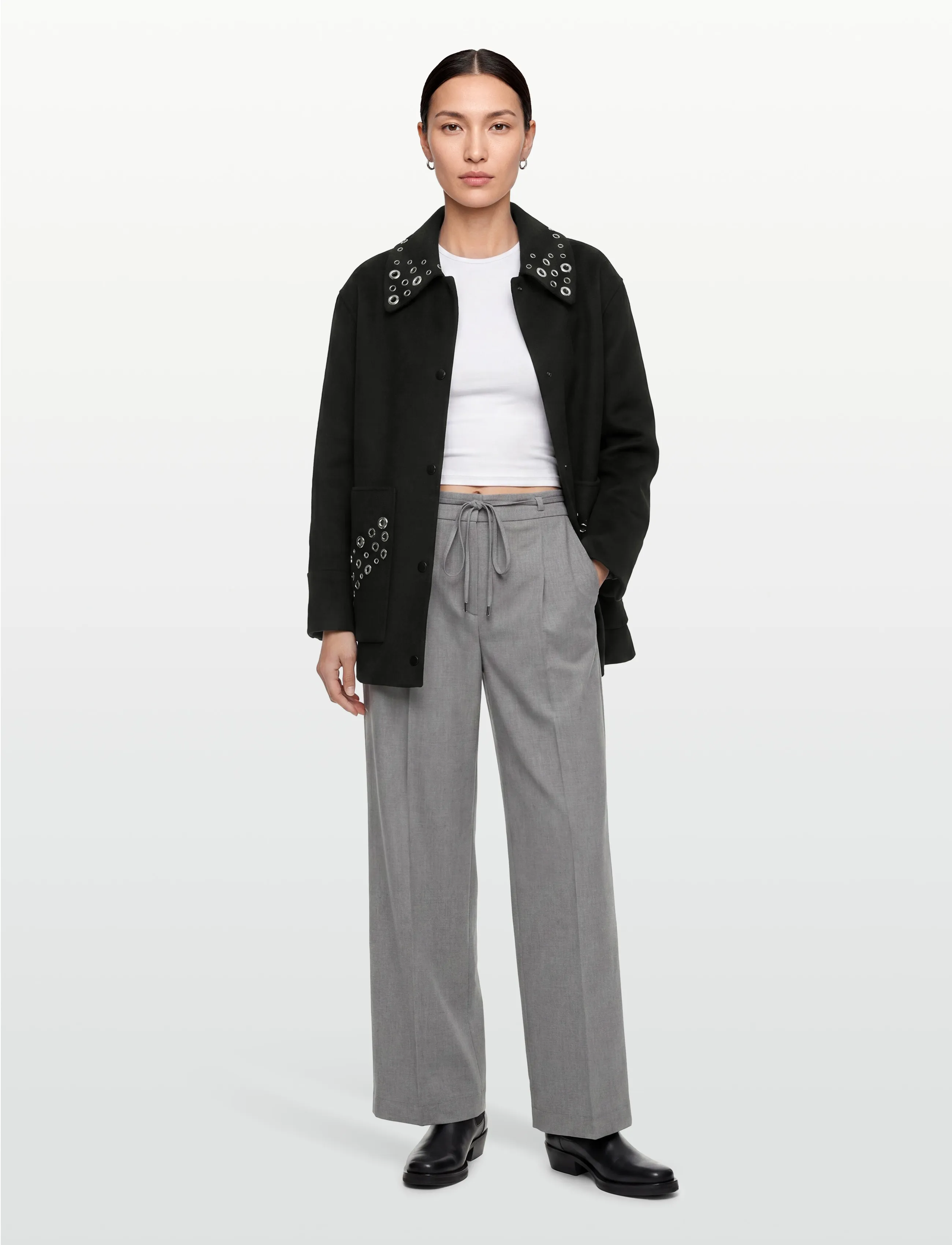 Sandro Wool Coat Embellished With Eyelets, Kvinder, Frakke Med Øjer, Sort, Str: 36