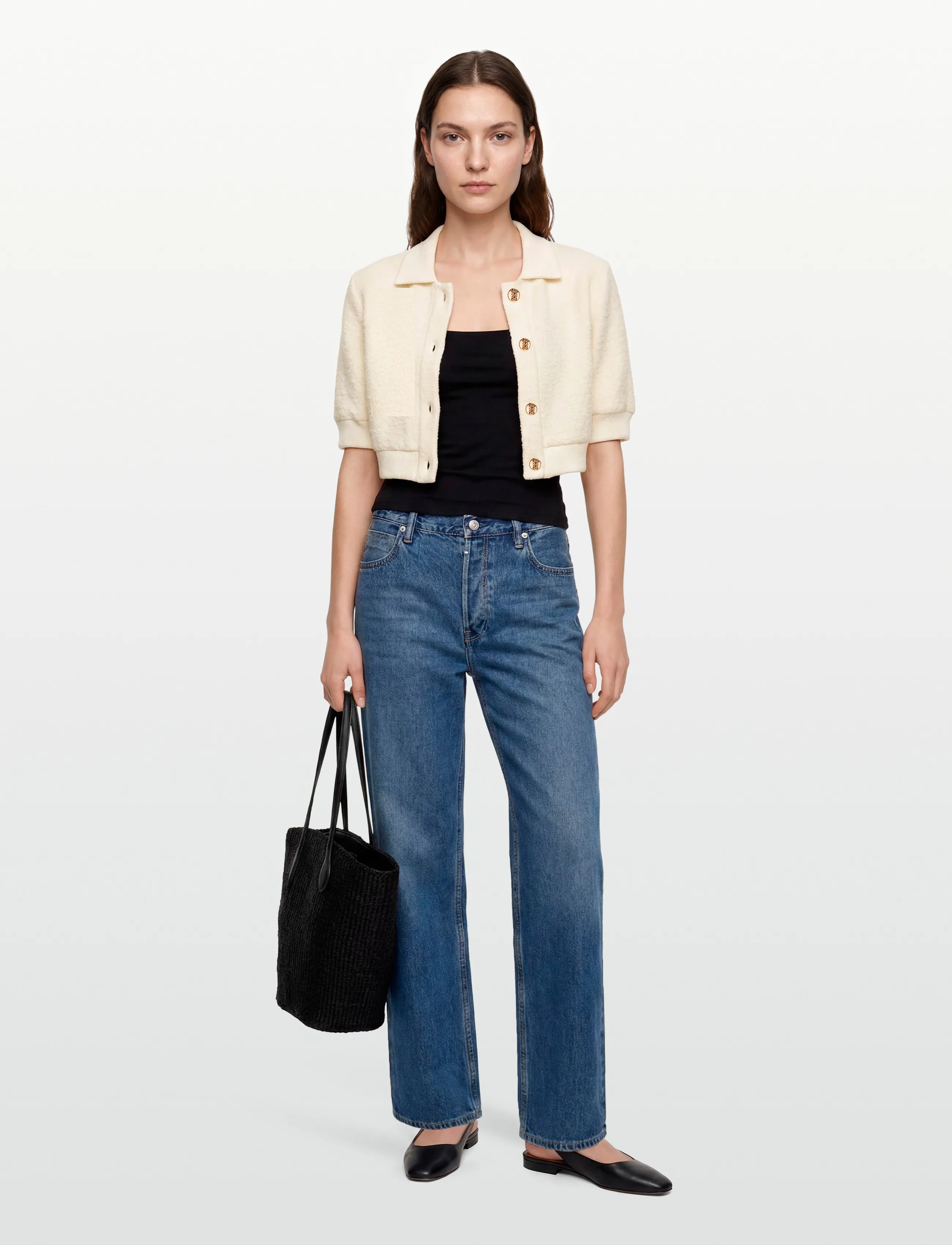 Sandro Cropped Tweed Jacket, Kvinder, Kort Tweed Jakke, Cream, Str: 38