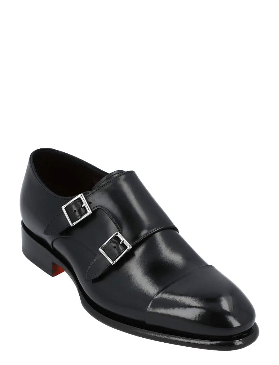 Santoni - Men's polished brown leather double monk straps shoe - monks - black - 0