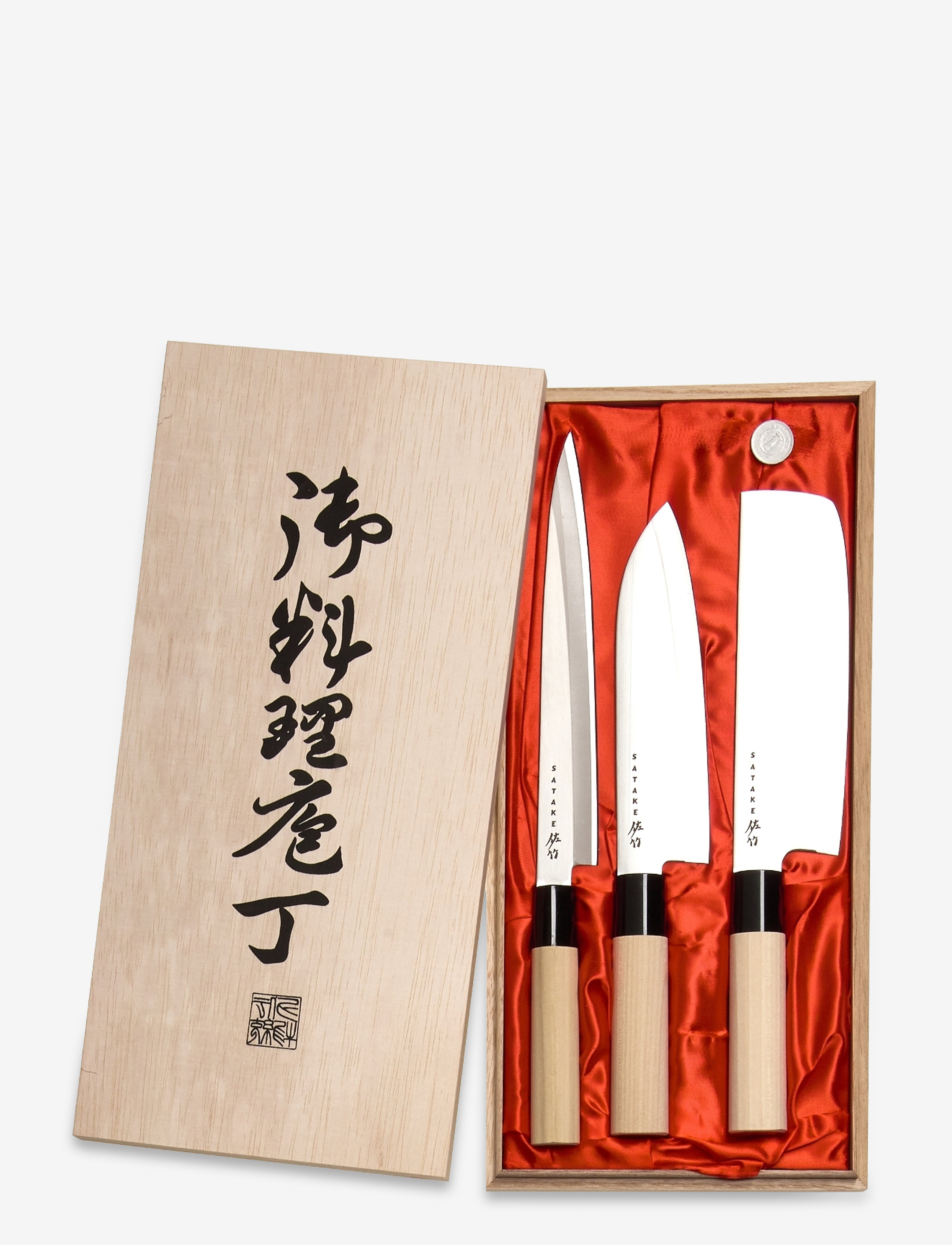Satake Houcho Balsa Box 3 Knive (Santoku + Nakiri + Sashimi), Knife Sæt, Beige, Str: ONE SIZE