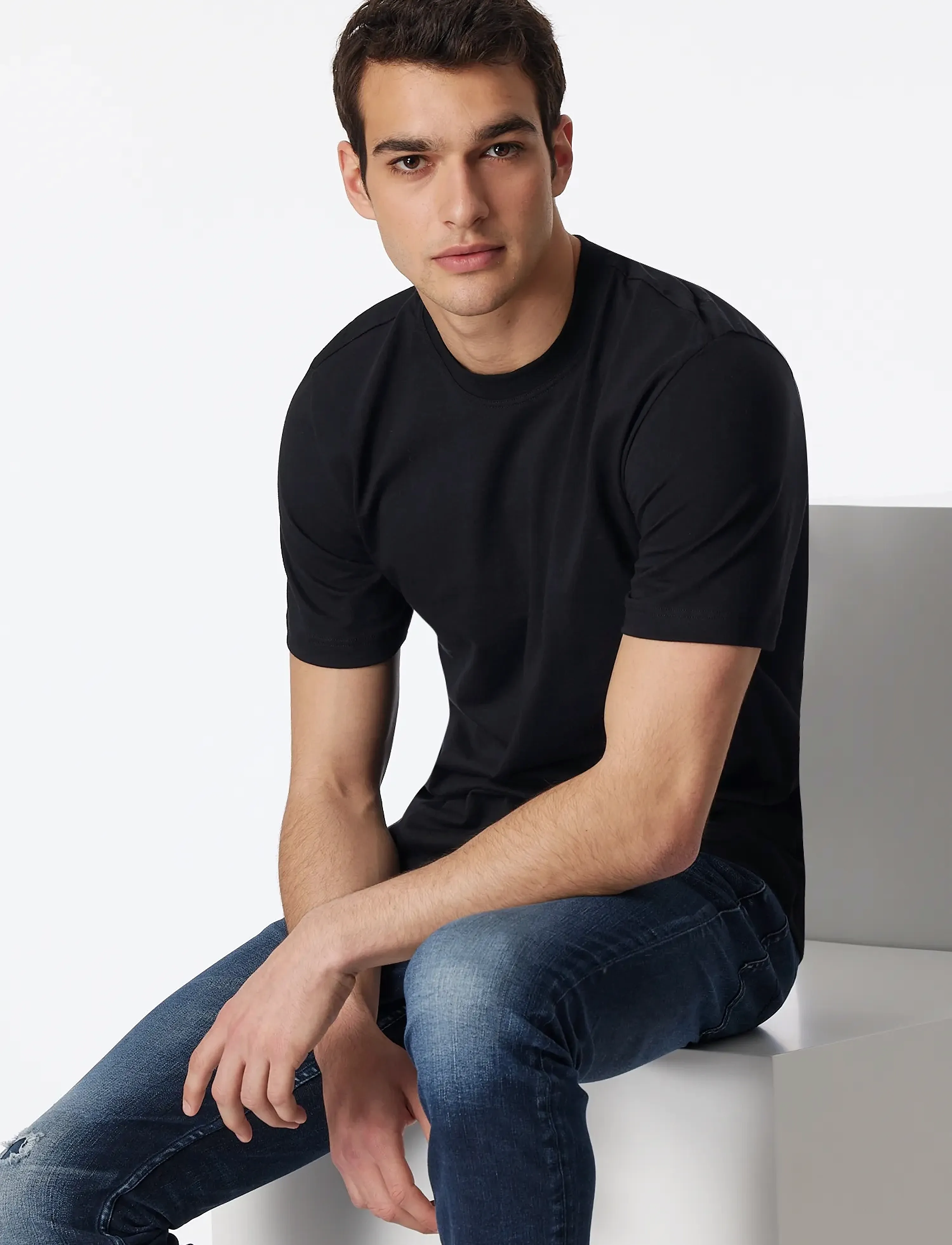 Schiesser Short-Sleeve Jersey T-Shirt, 2-Pack, Round Neck, White - American T-Shirt, M, Black, T-Shirts > Kortærmede, Herre