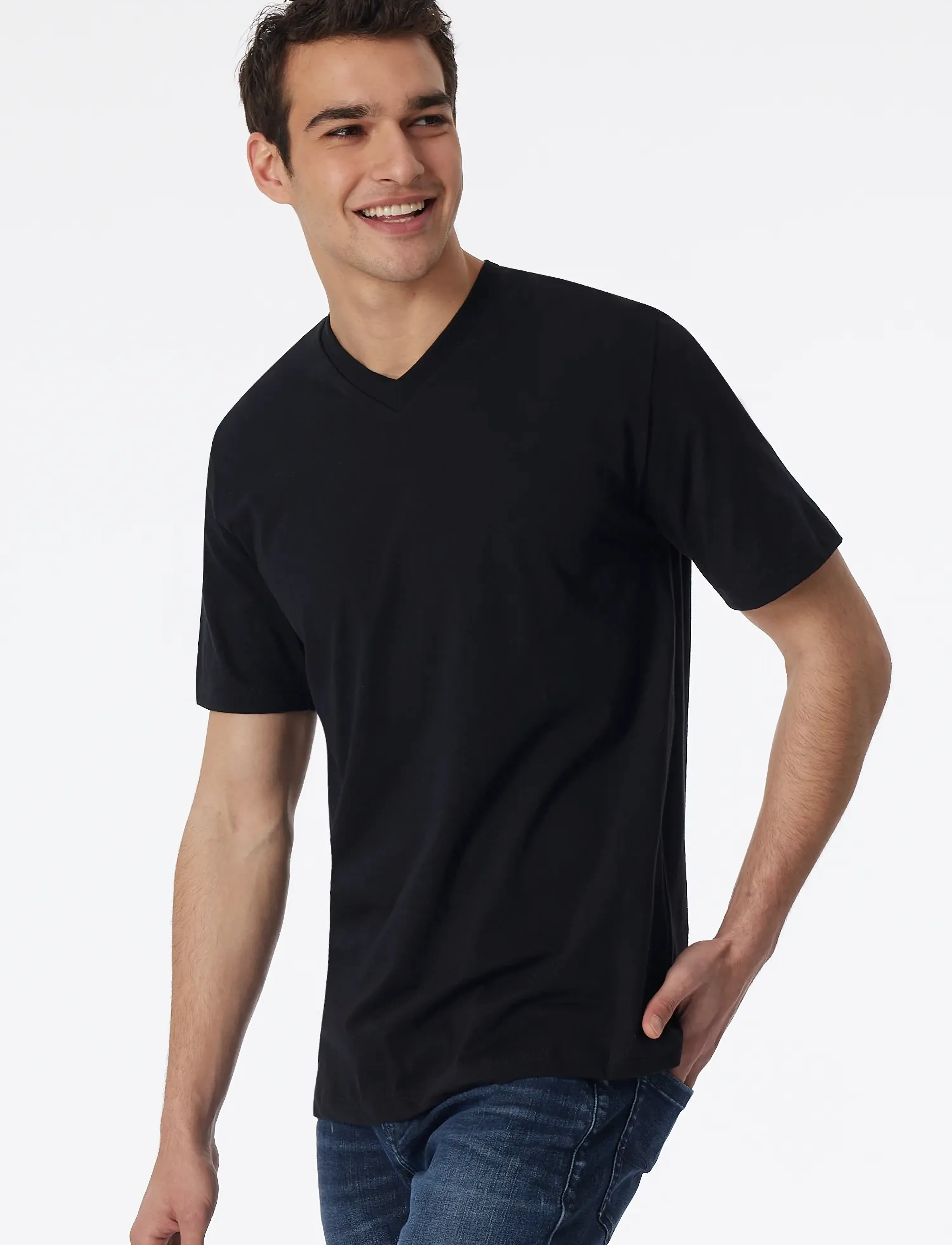 Schiesser Short-Sleeve Jersey T-Shirt, 2-Pack, V-Neck, White - American T-Shirt, XXL, Black, T-Shirts > Kortærmede, Herre