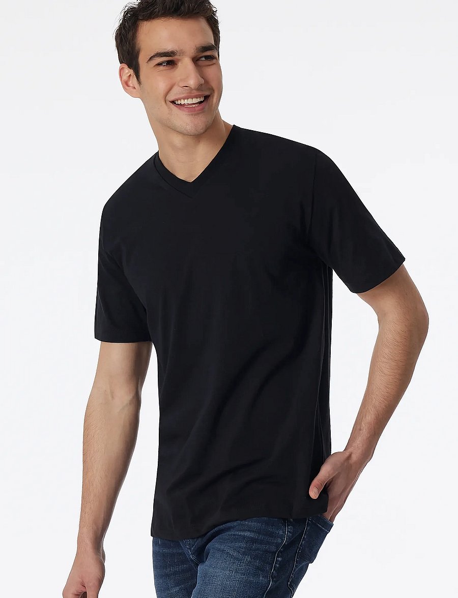 Schiesser - Short-Sleeve Jersey T-Shirt, 2-pack, v-neck, white - American T-Shirt - v-ringade t-shirts - black - 0