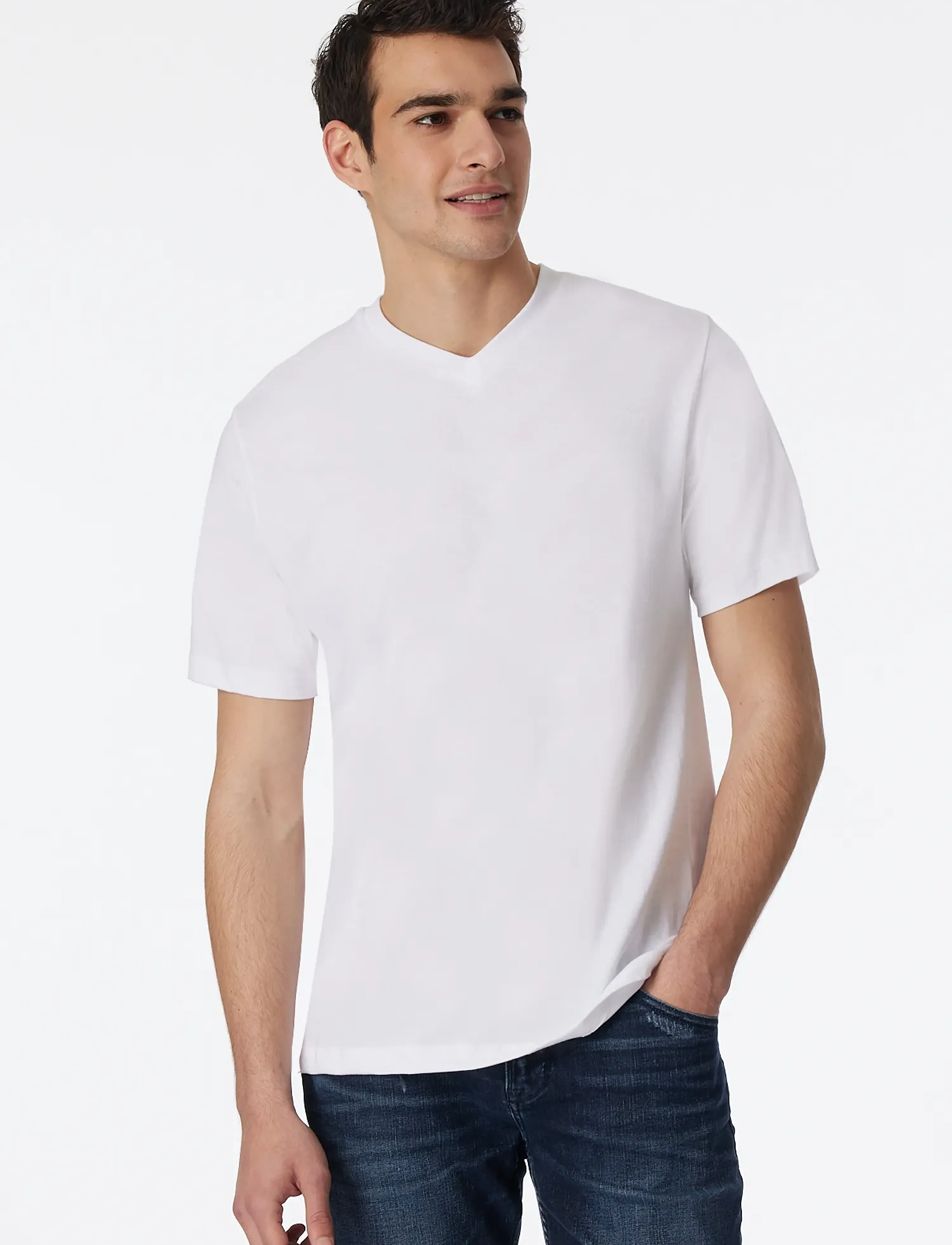 Schiesser Short-Sleeve Jersey T-Shirt, 2-Pack, V-Neck, White - American T-Shirt, 3XL, White, T-Shirts > Kortærmede, Herre