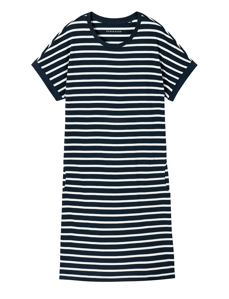 Schiesser - Short-Sleeve Striped Sleep Shirt in Midnight Blue - Casual Essentials - naktiniai marškiniai - nightblue - 1