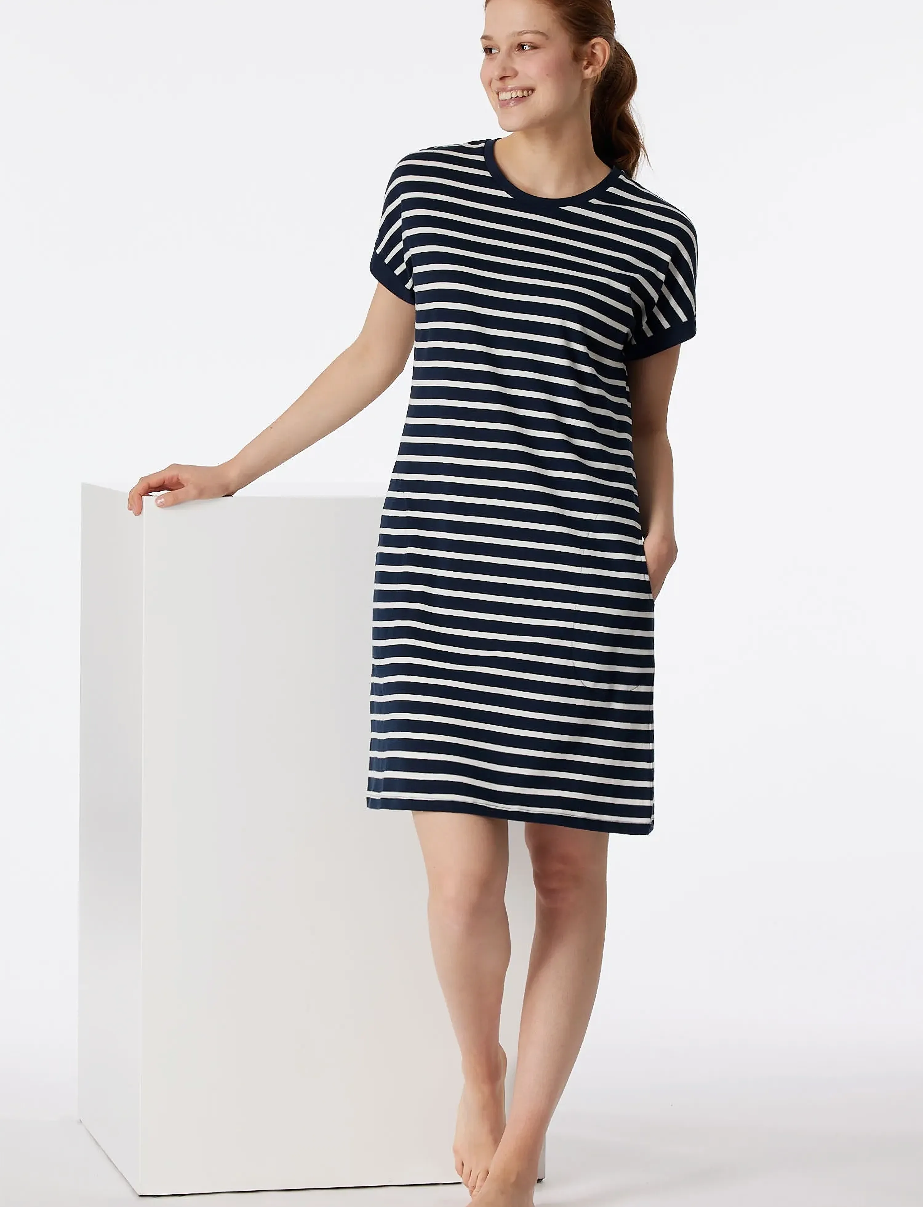 Schiesser Short-Sleeve Striped Sleep Shirt In Silver-Gray Mottled Casual Essentials, Kvinder, Natskjorte, Navy, Str: XXL