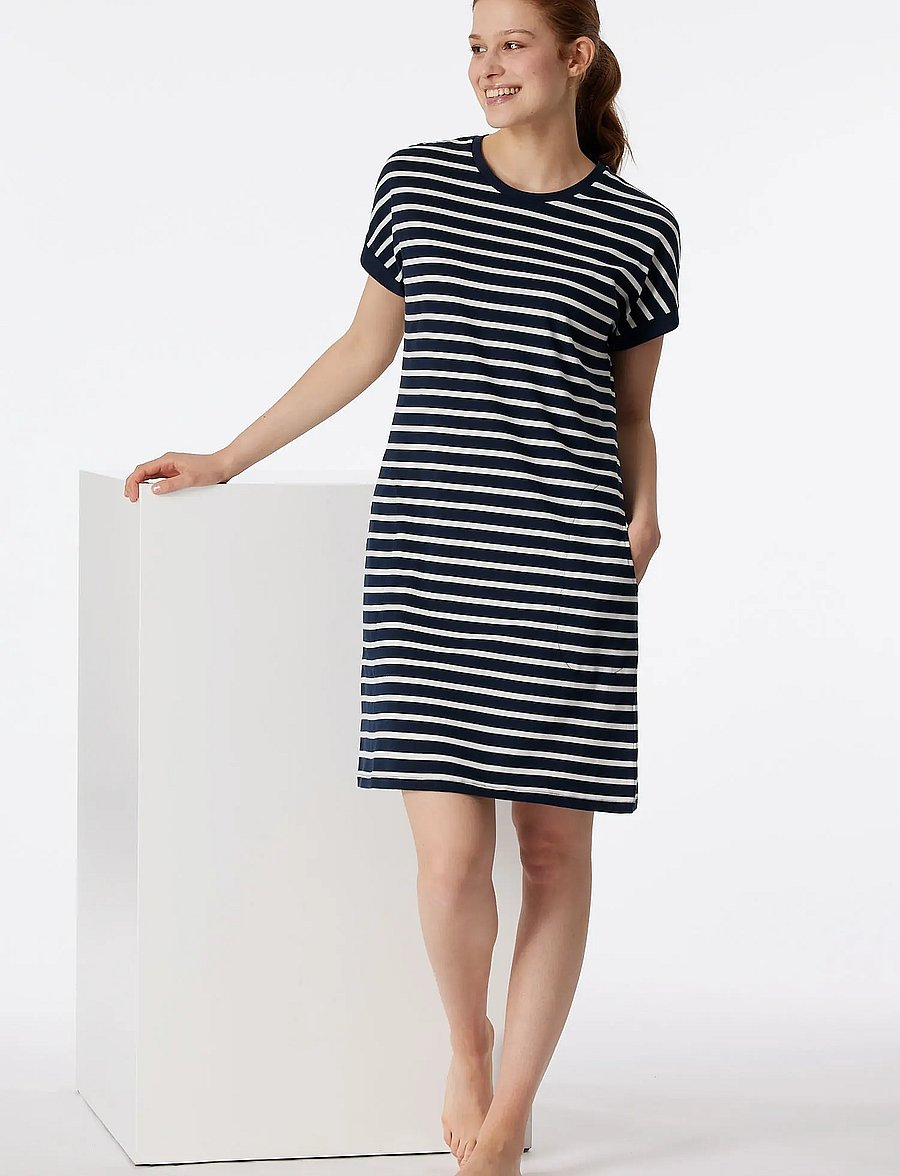 Schiesser - Short-Sleeve Striped Sleep Shirt in Silver-Gray Mottled - Casual Essentials - Öösärgid - nightblue - 0