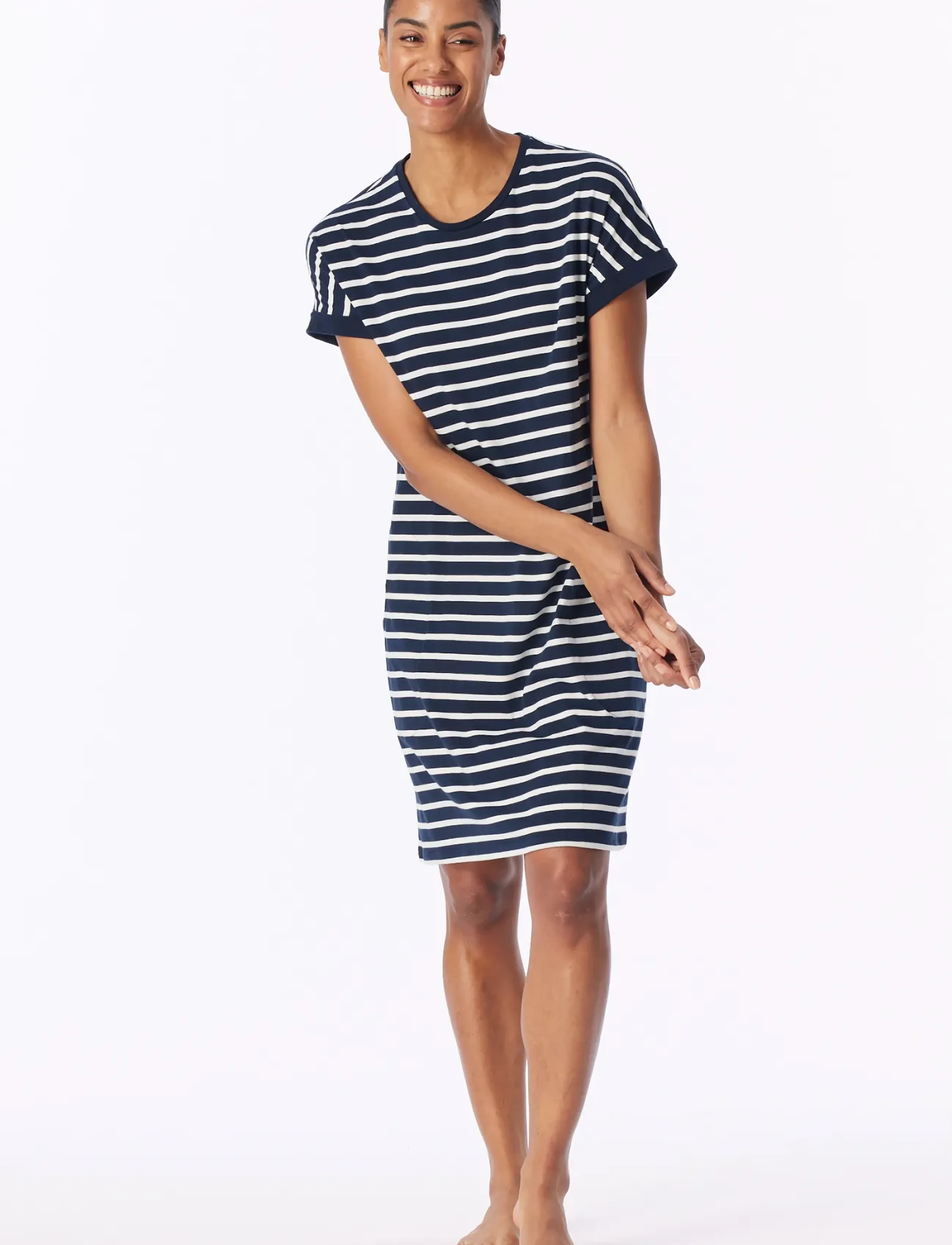 Schiesser - Short-Sleeve Striped Sleep Shirt in Midnight Blue - Casual Essentials - naktiniai marškiniai - nightblue - 0