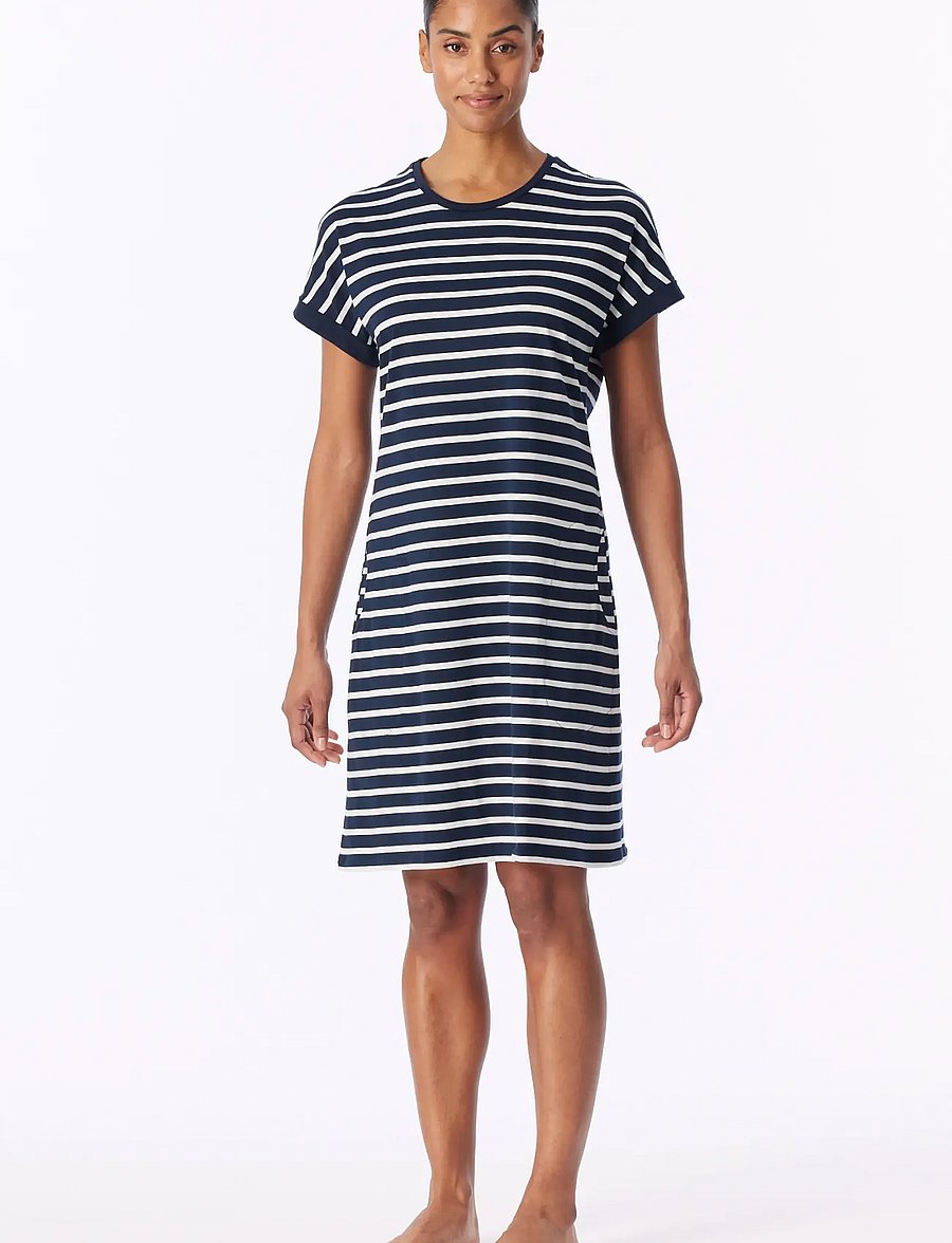 Schiesser - Short-Sleeve Striped Sleep Shirt in Midnight Blue - Casual Essentials - naktiniai marškiniai - nightblue - 4