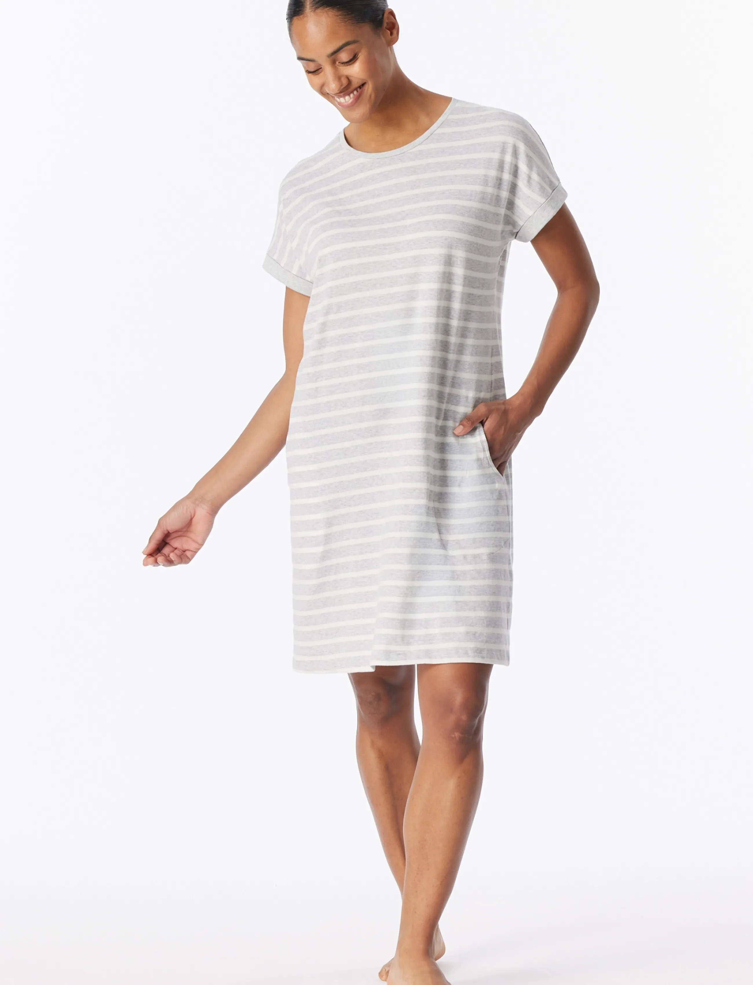 Schiesser Short-Sleeve Striped Sleep Shirt In Silver-Gray Mottled Casual Essentials, Kvinder, Natskjorte, Grå, Str: L