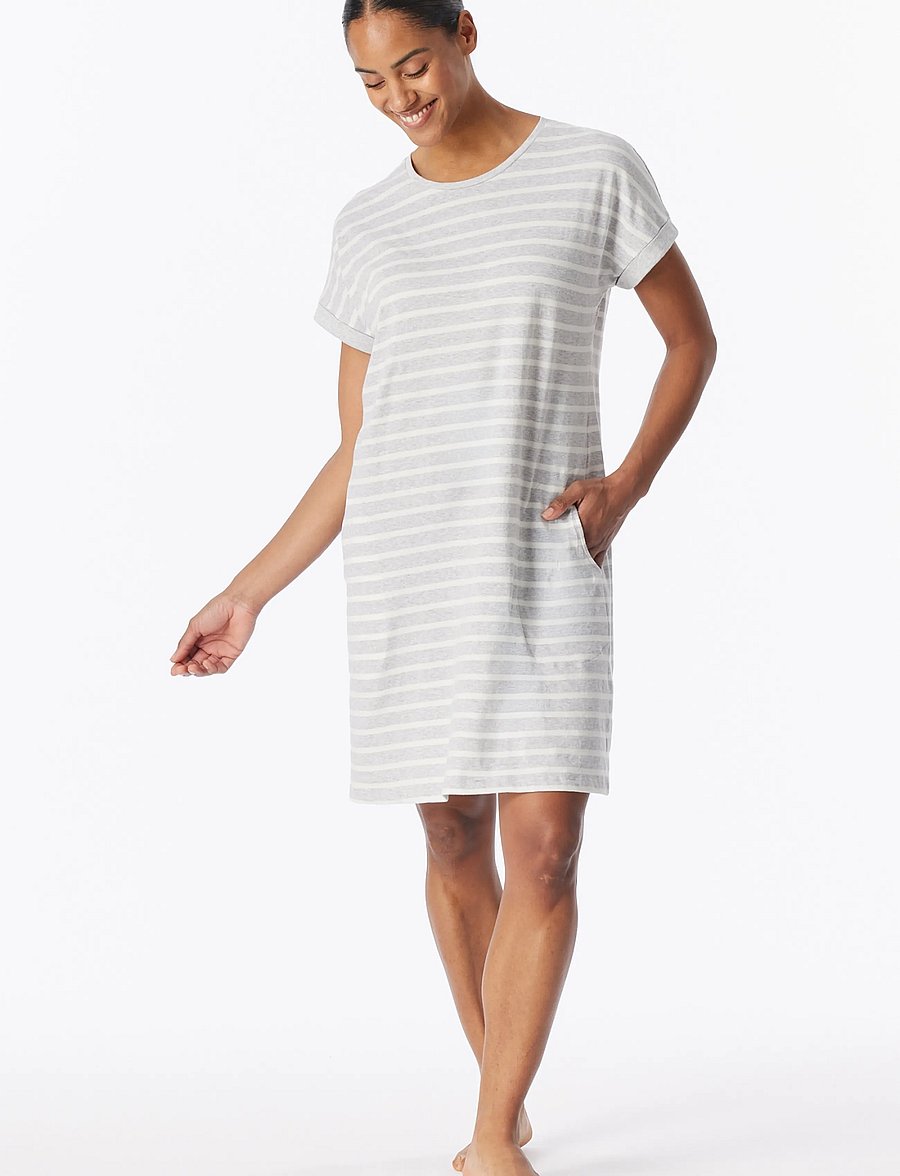 Schiesser - Short-Sleeve Striped Sleep Shirt in Silver-Gray Mottled - Casual Essentials - nightdresses - silver grey mel. - 0
