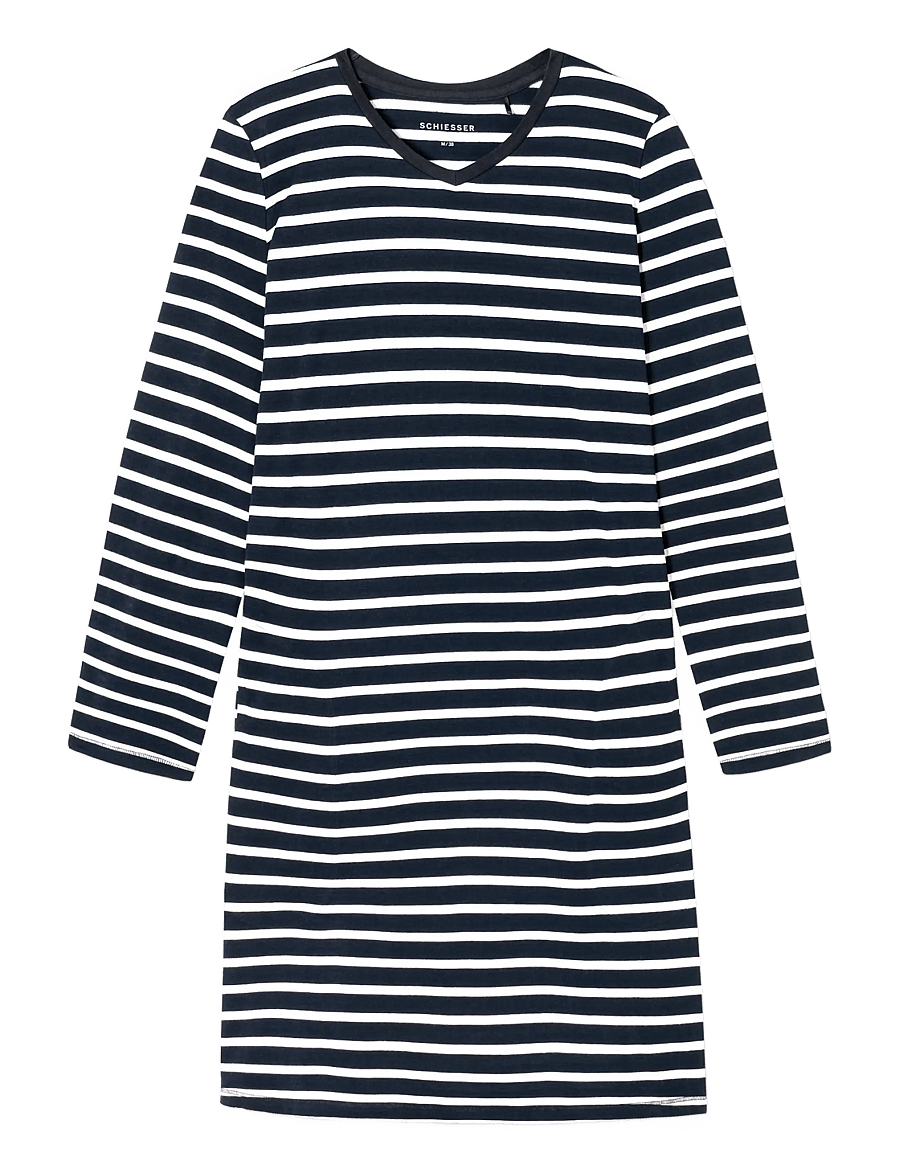 Schiesser - Long-Sleeve Striped Nightshirt, Midnight Blue - Casual Essentials - nattlinnen - nightblue - 1