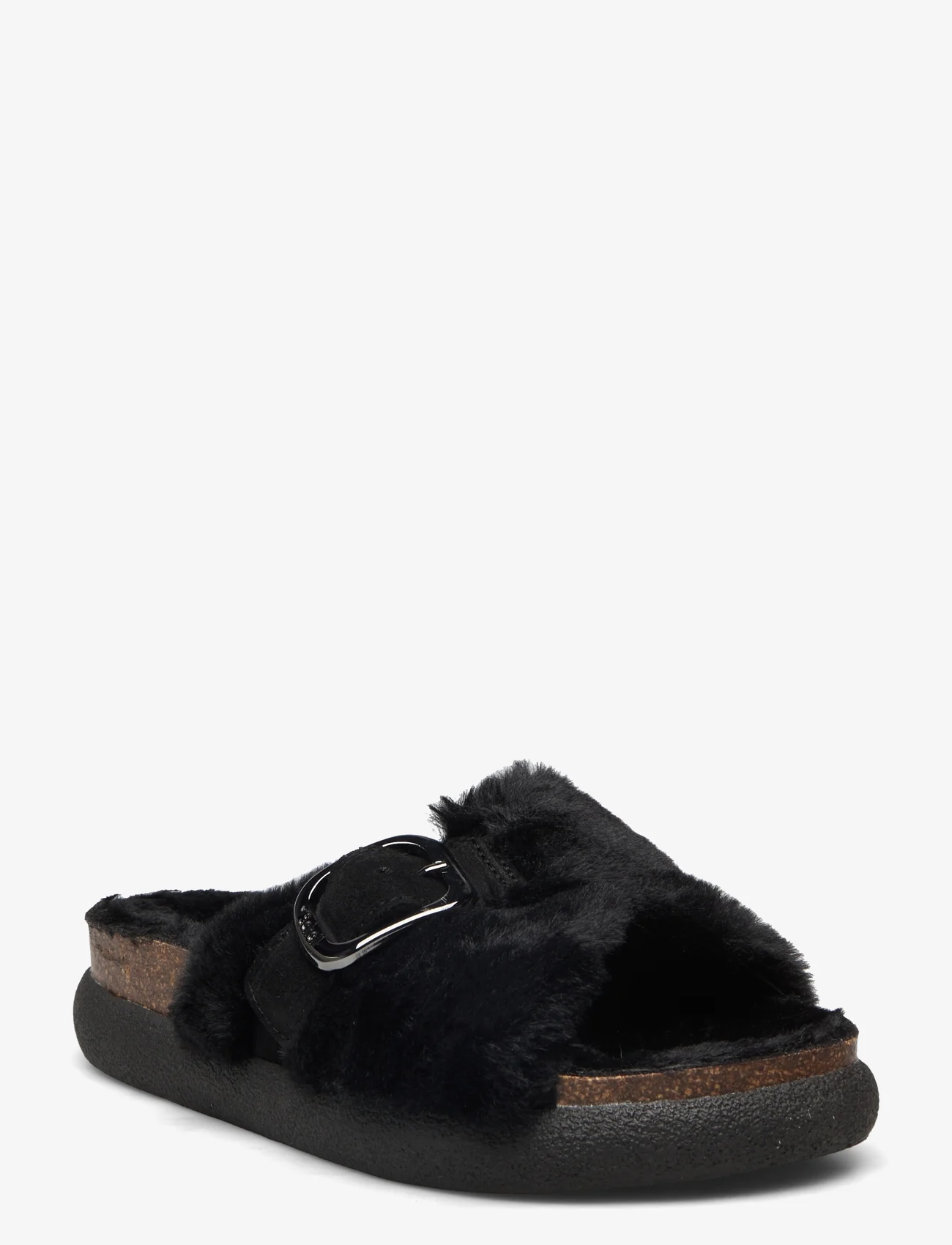 Scholl - SL KATY SYNT FUR BLACK - buty z odkrytą piętą na płaskim obcasie - black - 0