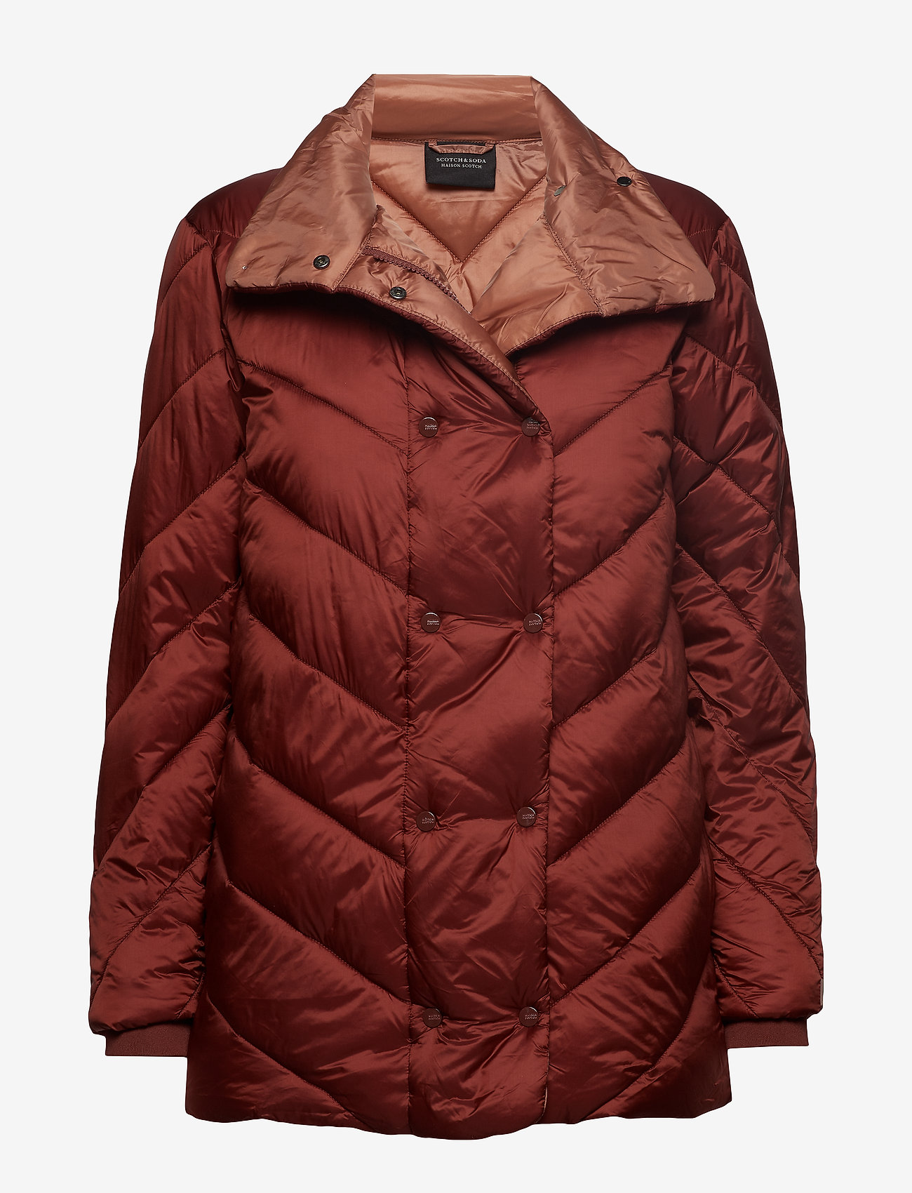 Quilted longer length jacket with asymmetric quilting - TERRACOTTA