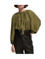 Scotch & Soda - Voluminous blouse with ties at front - blūzes ar garām piedurknēm - dark olive - 2