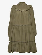 Smocked and tiered long sleeved dress - DARK OLIVE