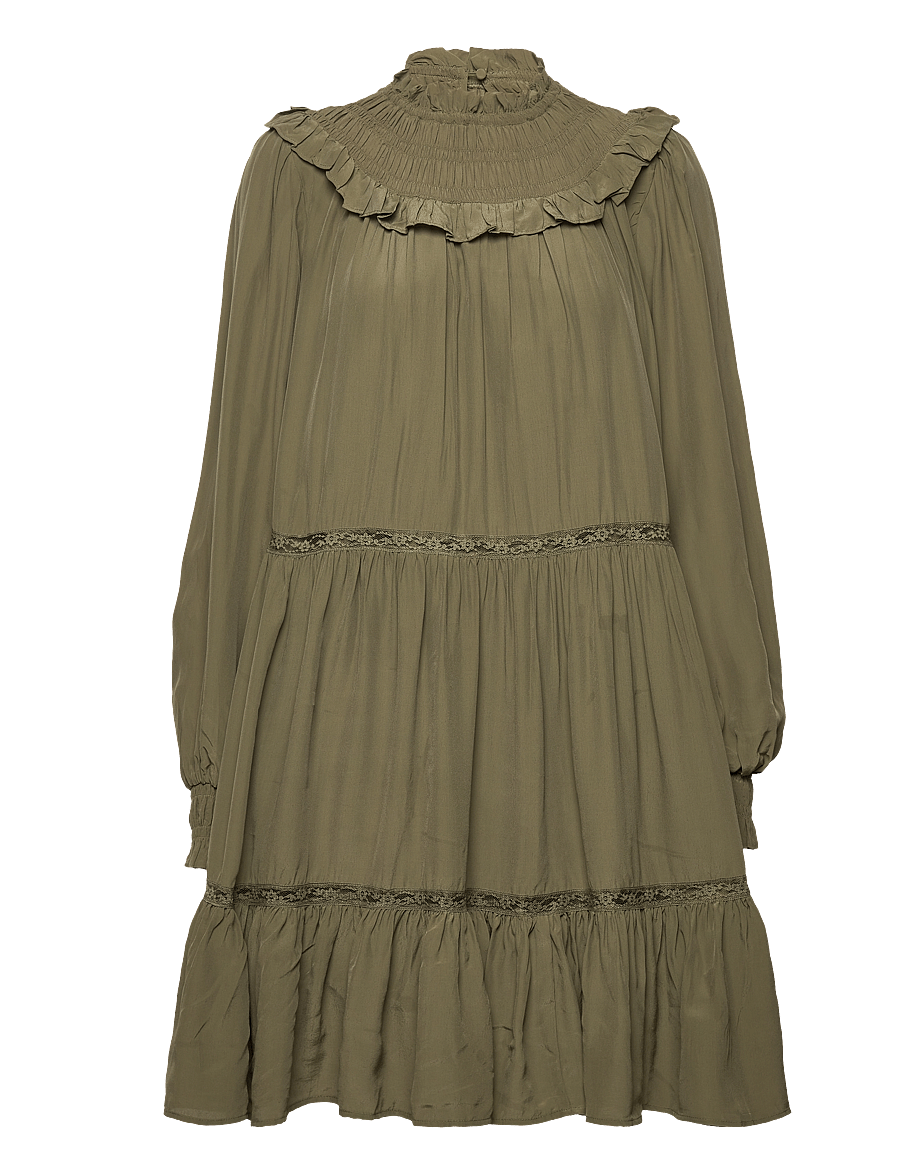 Scotch & Soda - Smocked and tiered long sleeved dress - kurze kleider - dark olive - 1