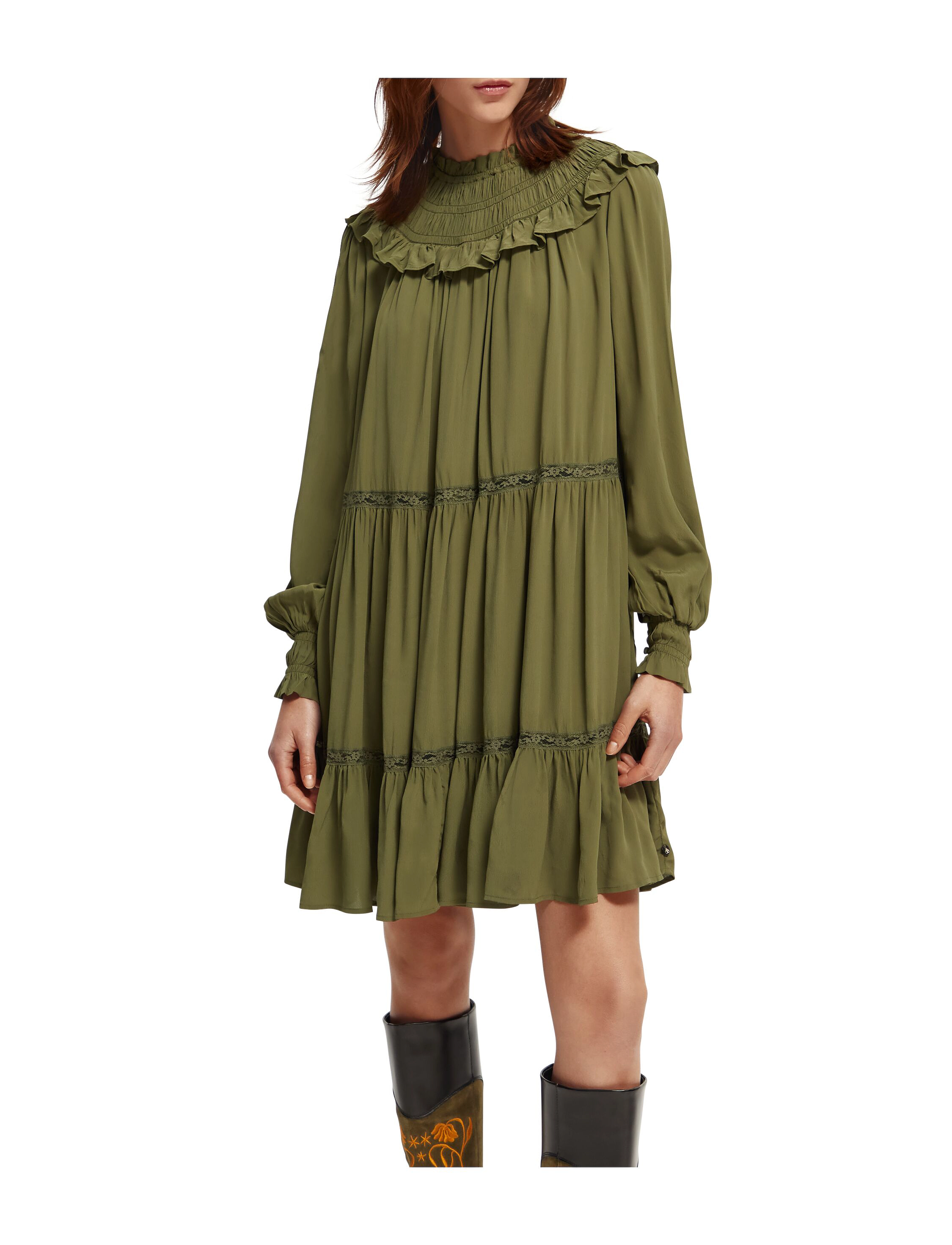Scotch & Soda Smocked And Tiered Long Sleeved Dress, S, Khaki green, Kjoler > Kort Kjole, Dame