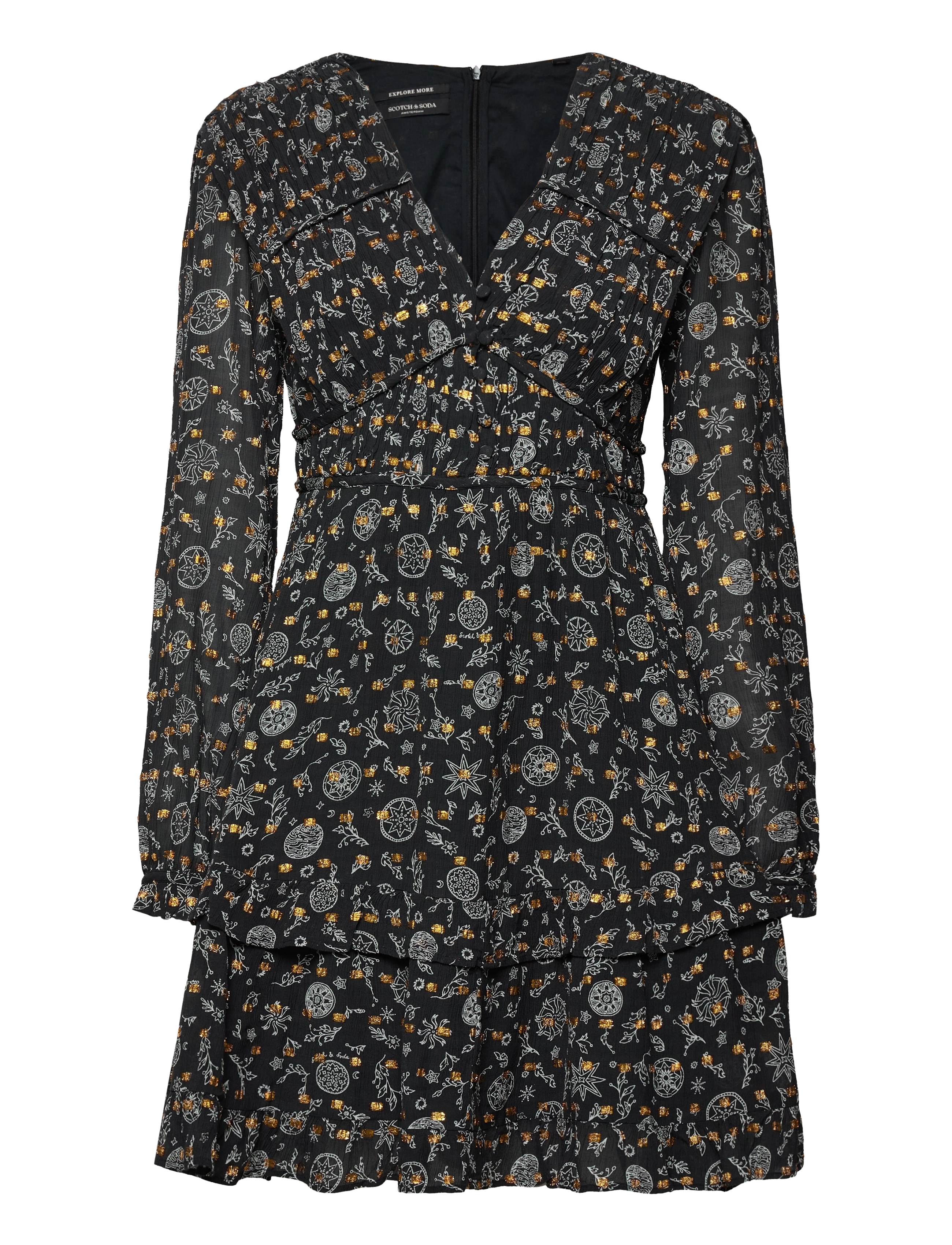Scotch & Soda Long sleeved lurex jacquard ruffle dress with V-neck - Scotch & Soda - PLANETARY ICONS / black