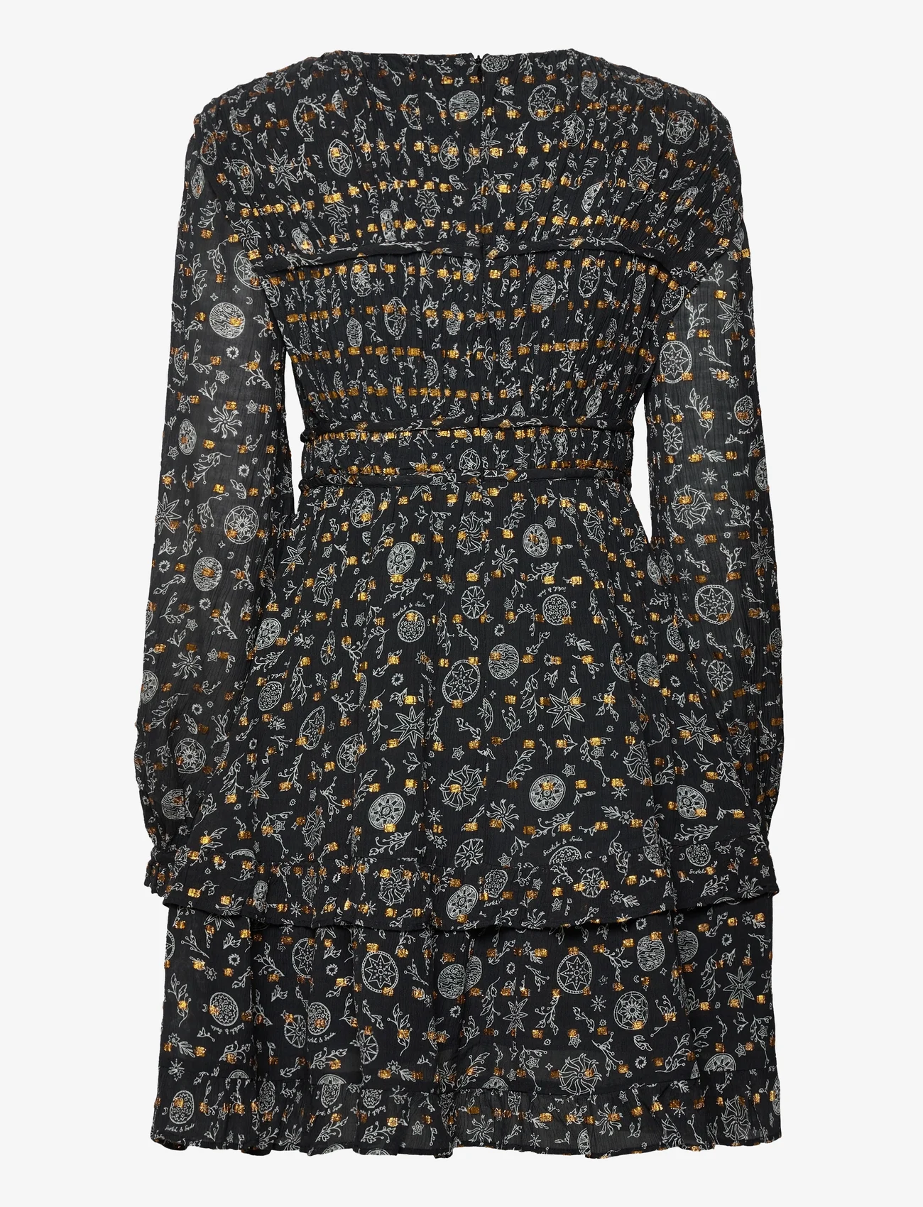 Scotch & Soda - Long sleeved lurex jacquard ruffle dress with V-neck - korte kjoler - planetary icons - 1