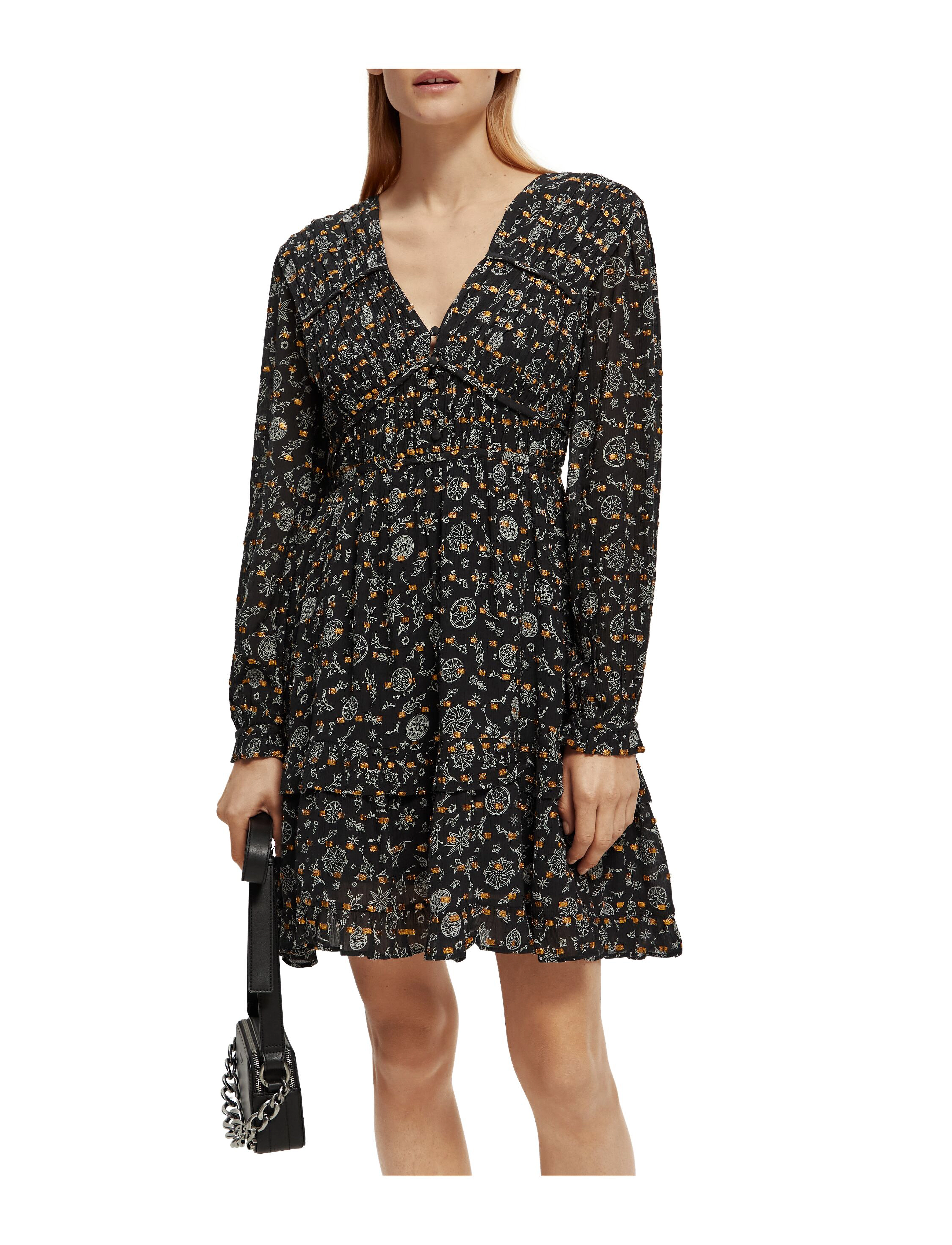 Scotch & Soda Long sleeved lurex jacquard ruffle dress with V-neck - Klänningar - PLANETARY ICONS / black