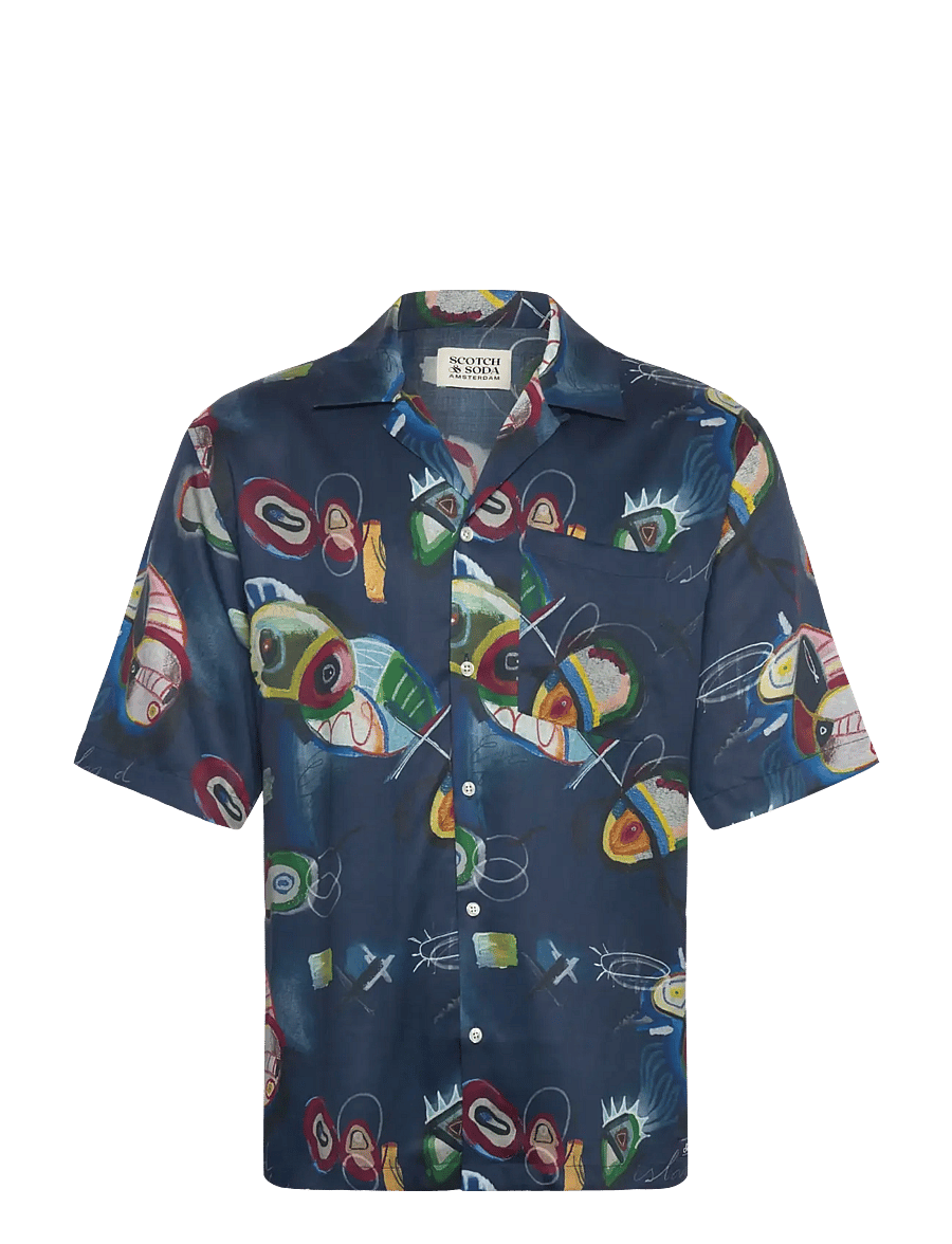 Scotch & Soda - AOP short-sleeved relaxed-fit tencel shirt - chemises à manches courtes - abstract island night aop - 0