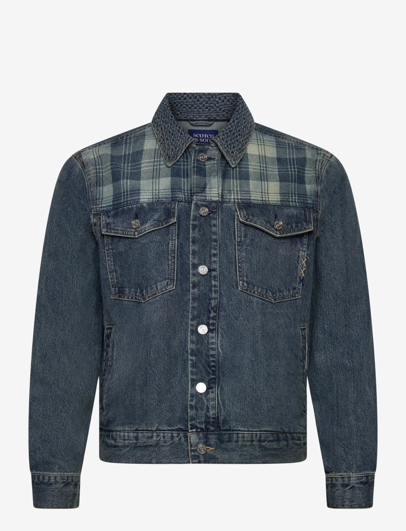Scotch & Soda - Denim trucker jacket with contrast check panelling - uforede denimjakker - great outdoors - 0