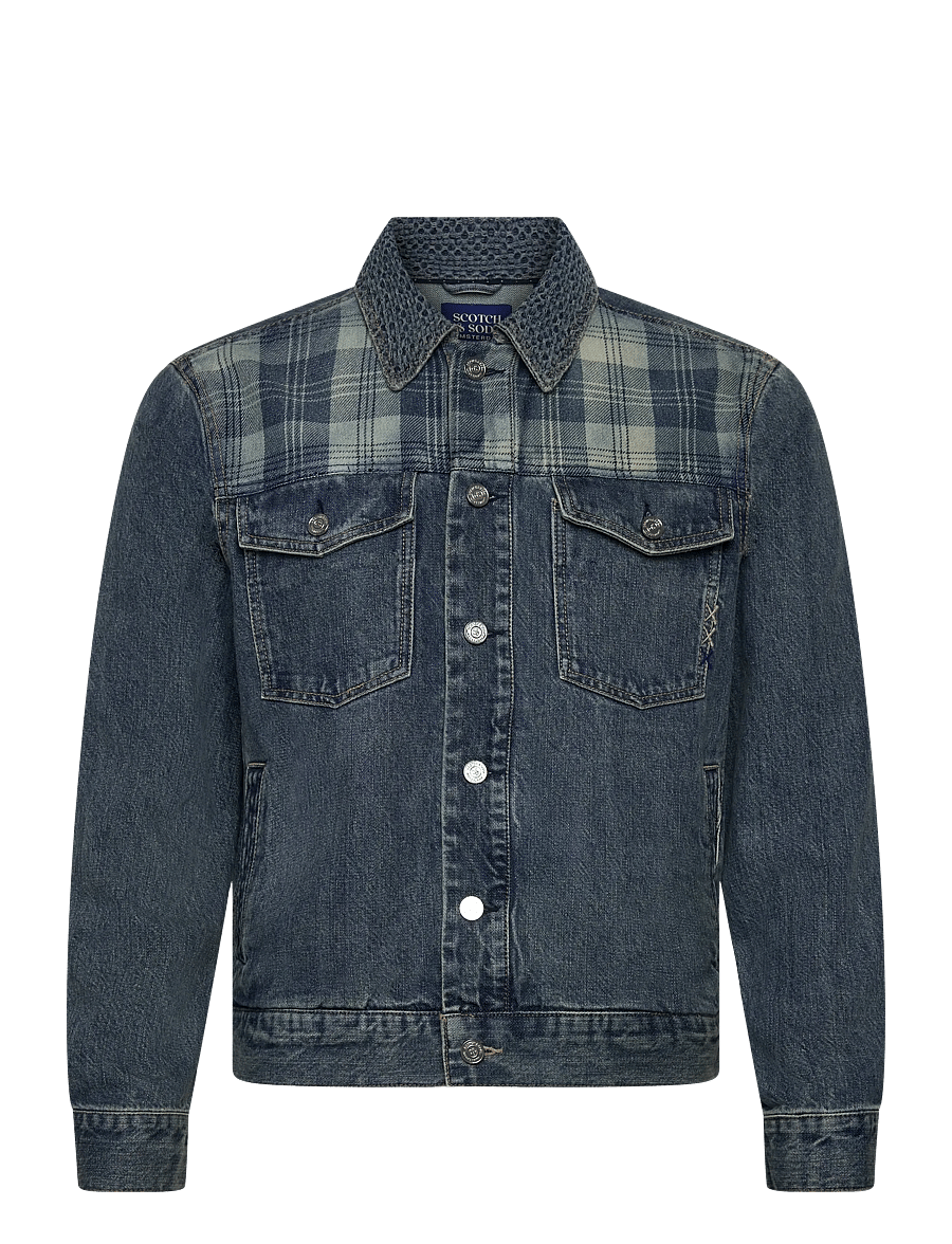 Scotch & Soda - Denim trucker jacket with contrast check panelling - great outdoors - 0