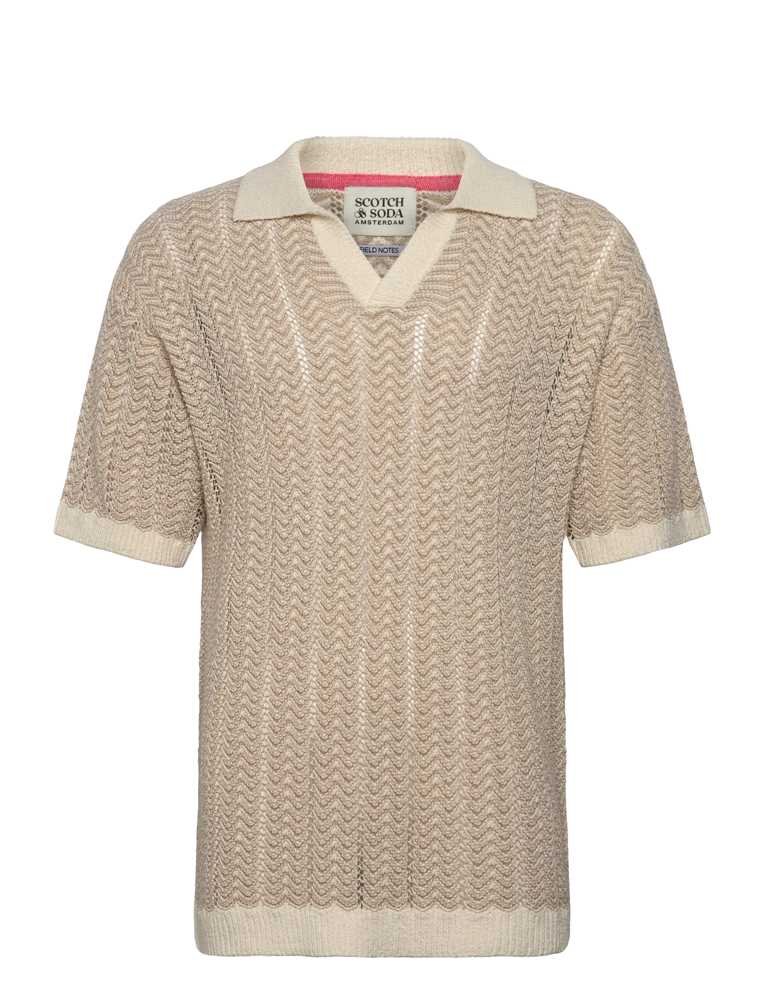 Scotch & Soda Open Structured Knitted V-Neck Polo, XXL, Beige, Strik > Kortærmede Strikkede Poloer, Herre