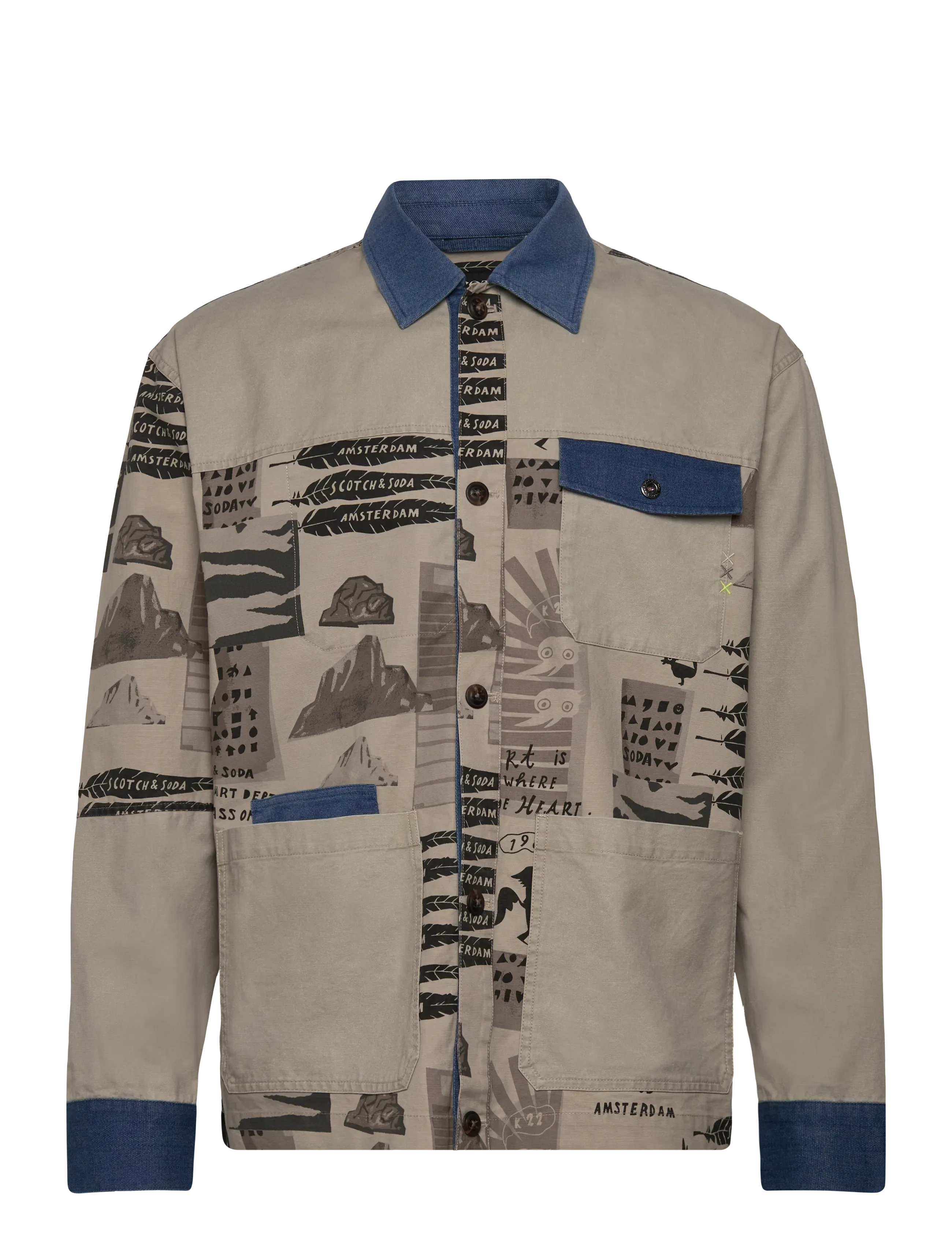 Printed & washed colour block worker jacket - ART DEPT COLLAGE WHITE COLOURBLOCK
