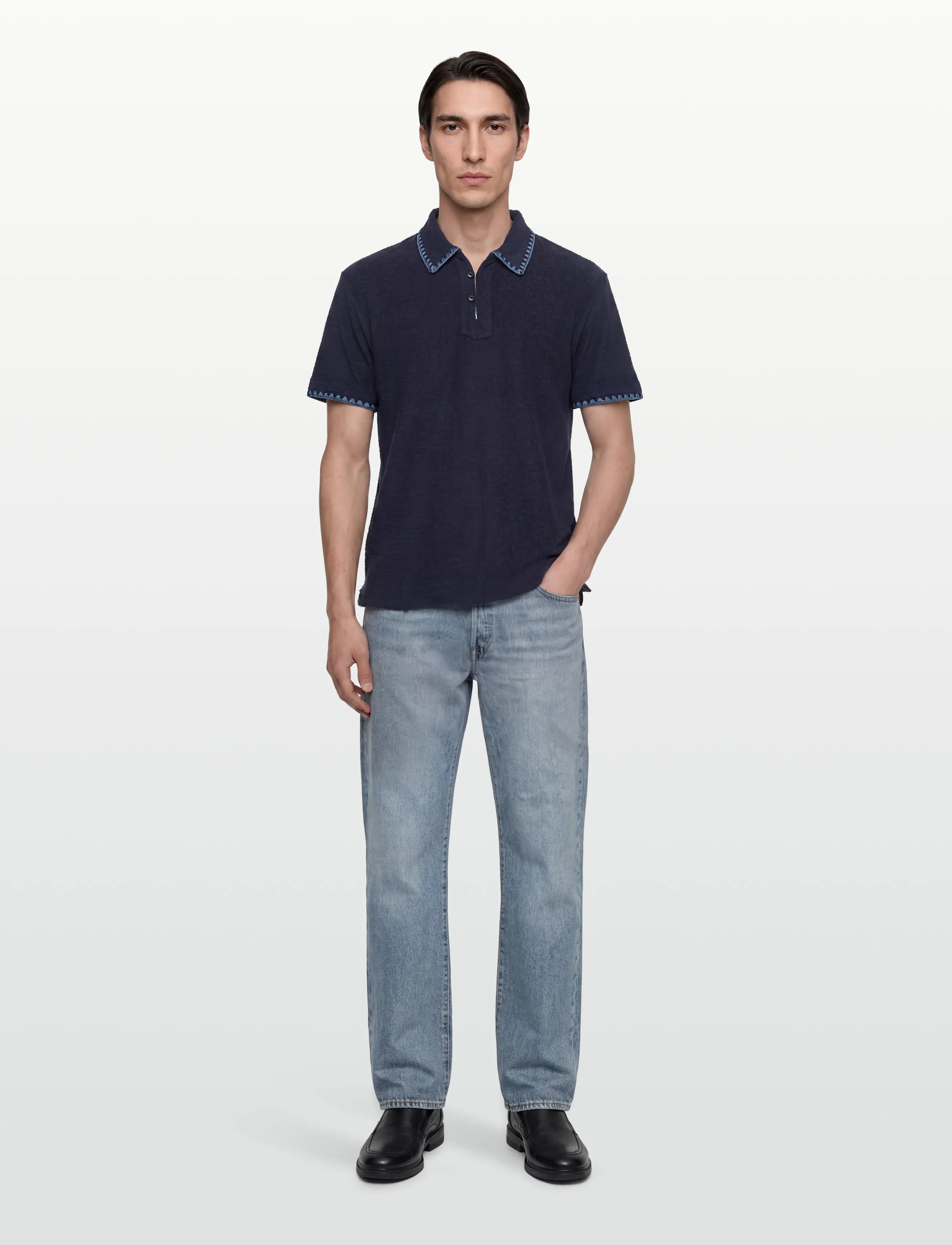 Scotch & Soda Relaxedfit Jacquard Towelling Polo, XL, Navy, Poloer > Kortærmede, Herre