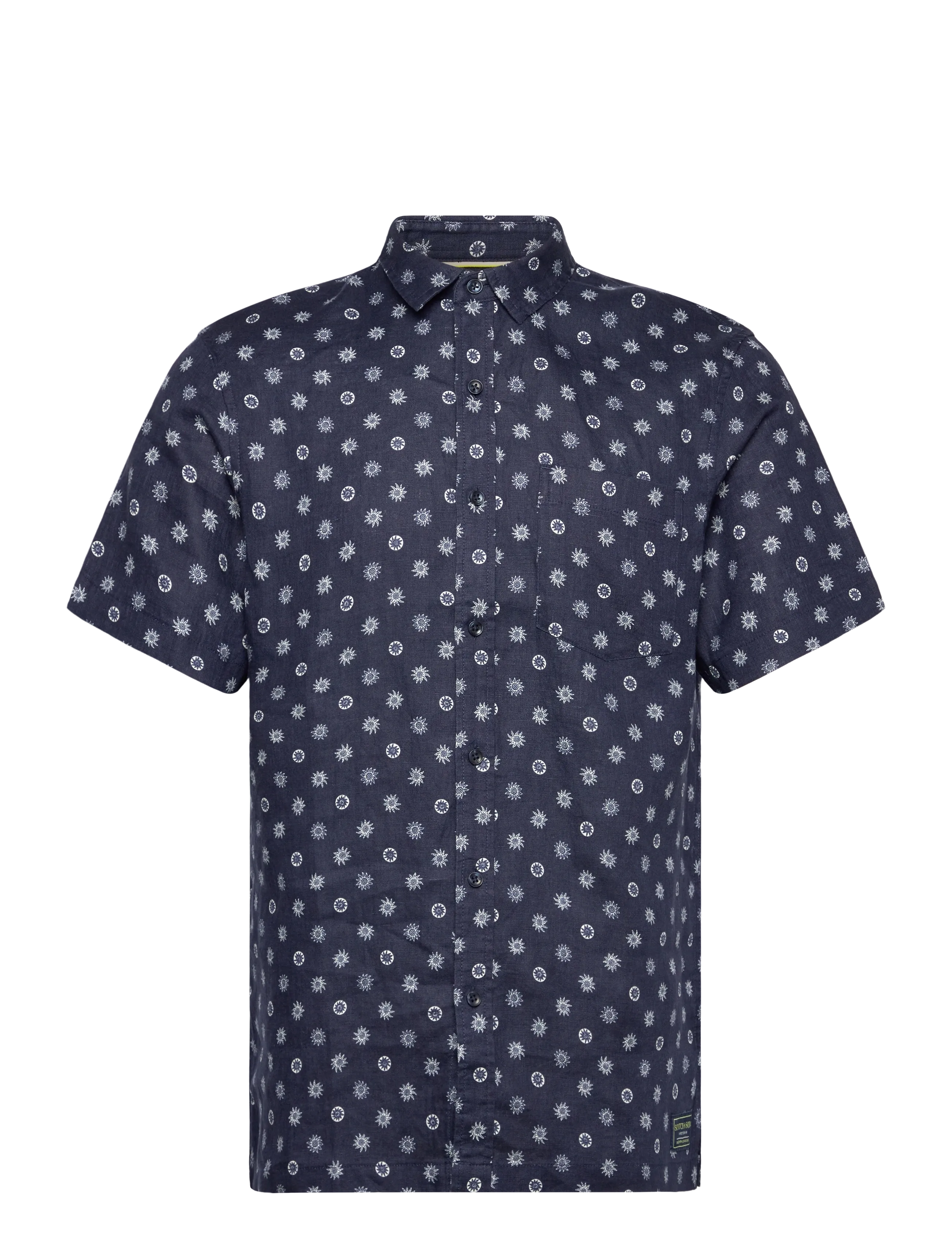 Scotch & Soda Printed Linen Regularfit Shortsleeved Shirt, L, Navy, Skjorter > Afslappet Shirts, Herre