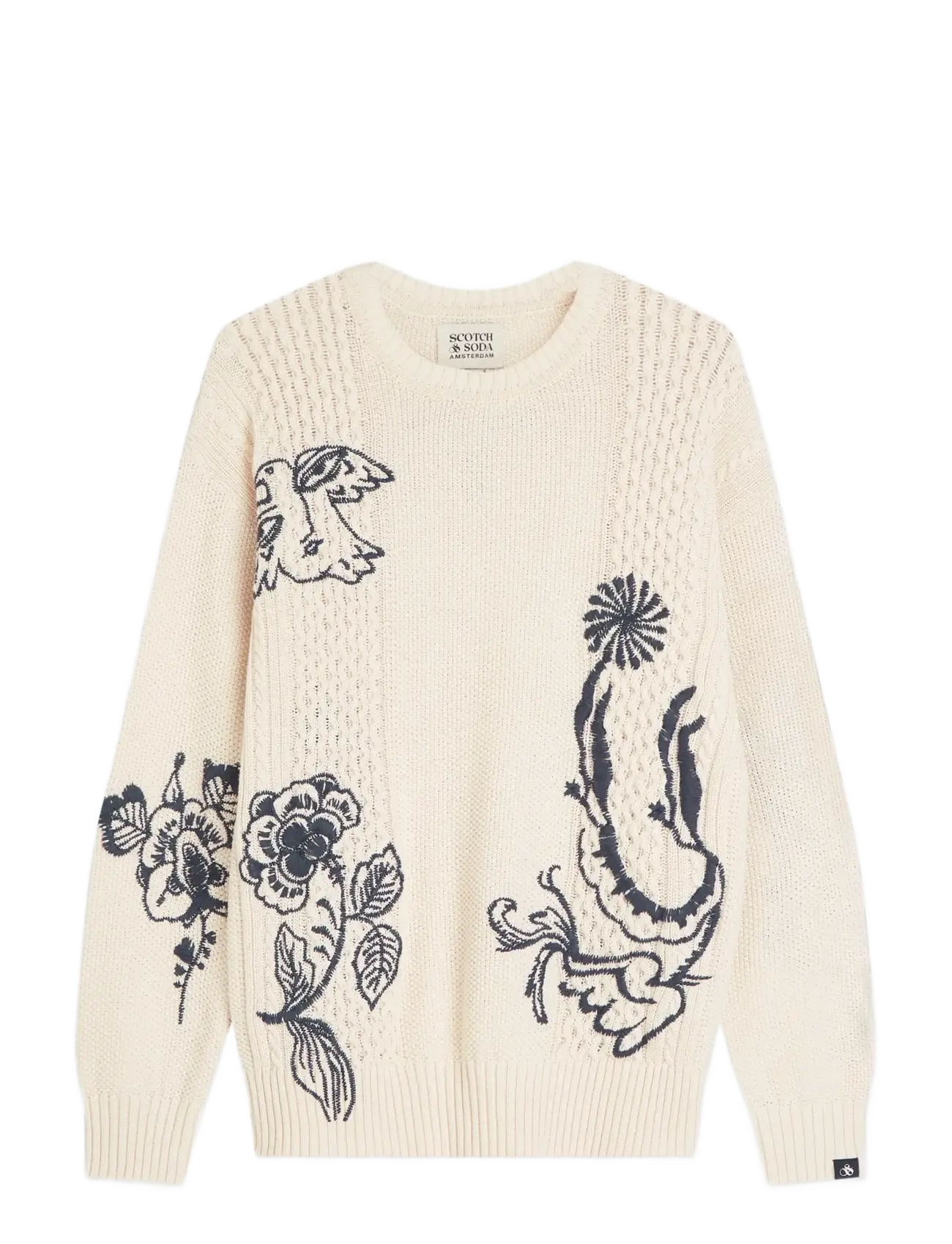 Scotch & Soda Delfts Blauw Embroidered Relaxed-Fit Pullover, Mænd, Broderet Striktrøje, Cream, Str: M
