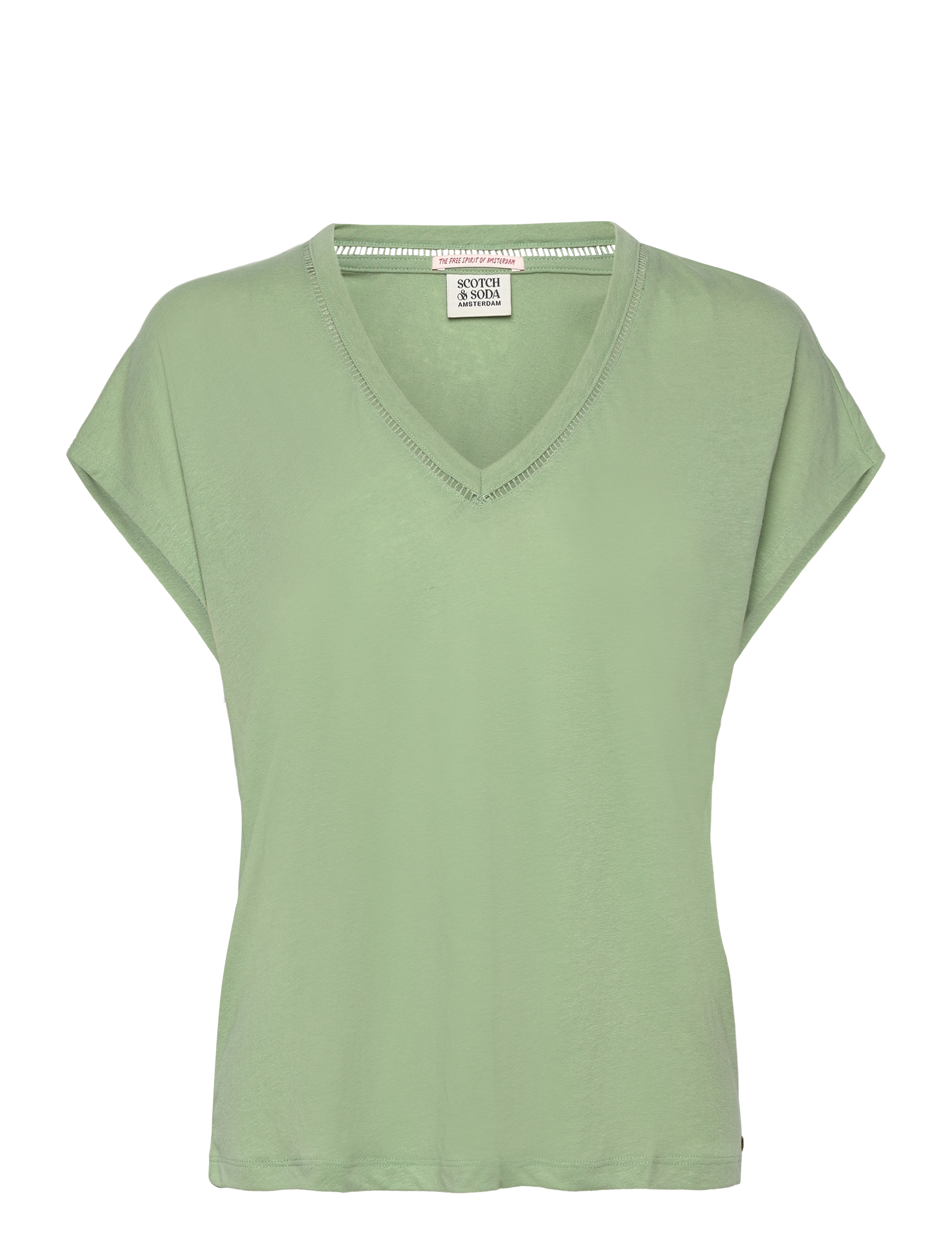 Scotch & Soda Cotton Linen V-Neck T-Shirt, XS, Green, T-Shirts & Toppe > Kortærmede, Dame