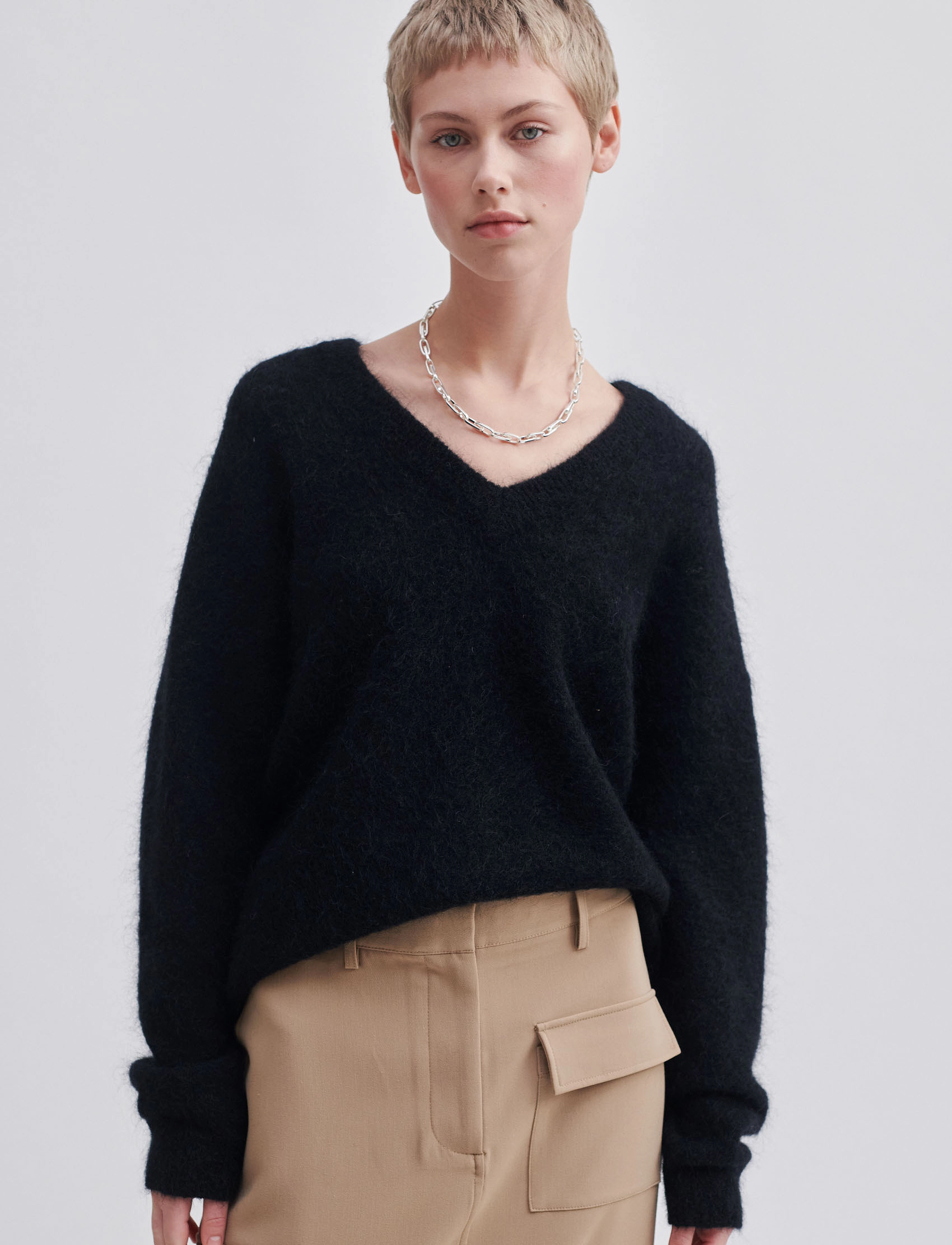 Second Female Brook Knit Oversize V-Neck, Kvinder, Oversize V-Hals Striktrøje, Sort, Str: M