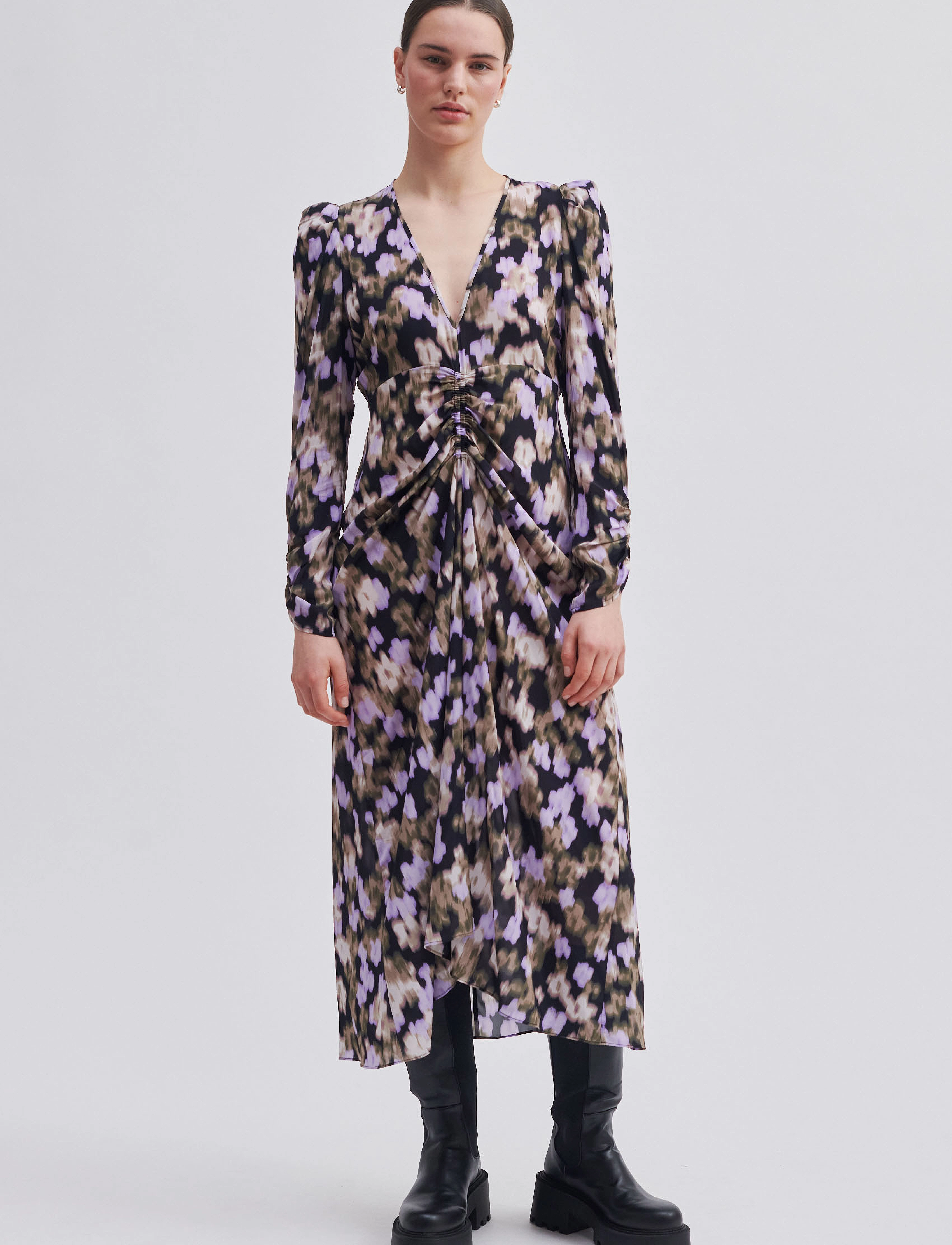 Second Female Cast Maxi Dress, Kvinder, Langærmet Rynket Maxikjole, Sort, Str: XS