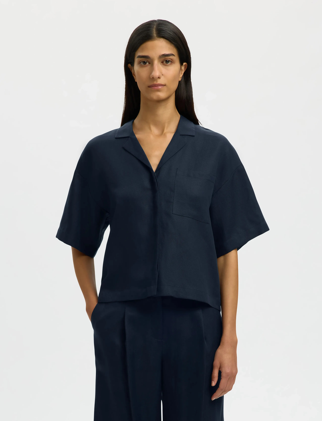 Selected Slflyra 2/4 Boxy Linen Blend Shirt Noos - Navy - 34