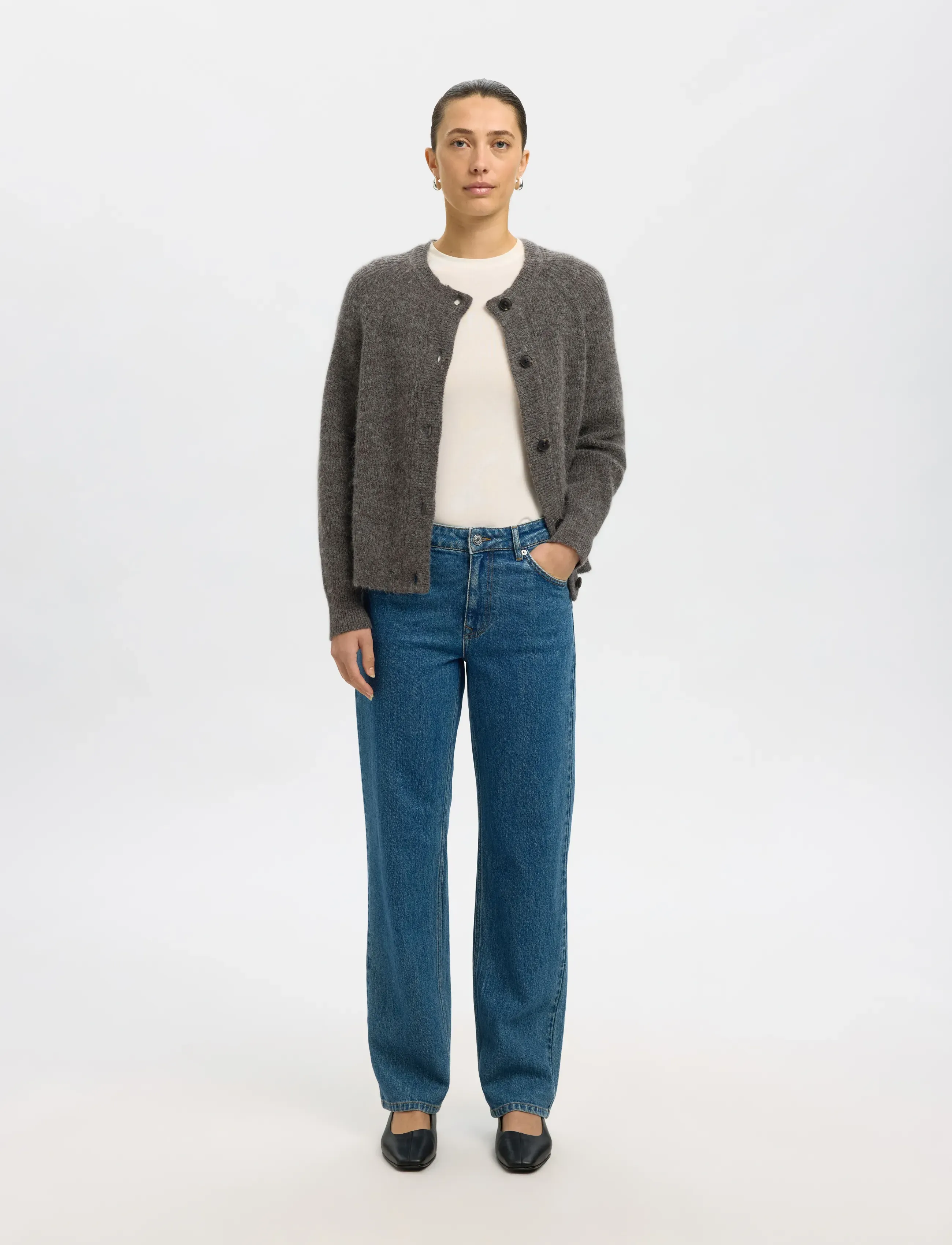 Selected - SLFLULU LS KNIT SHORT CARDIGAN B NOOS - cardigans - medium grey melange - 3