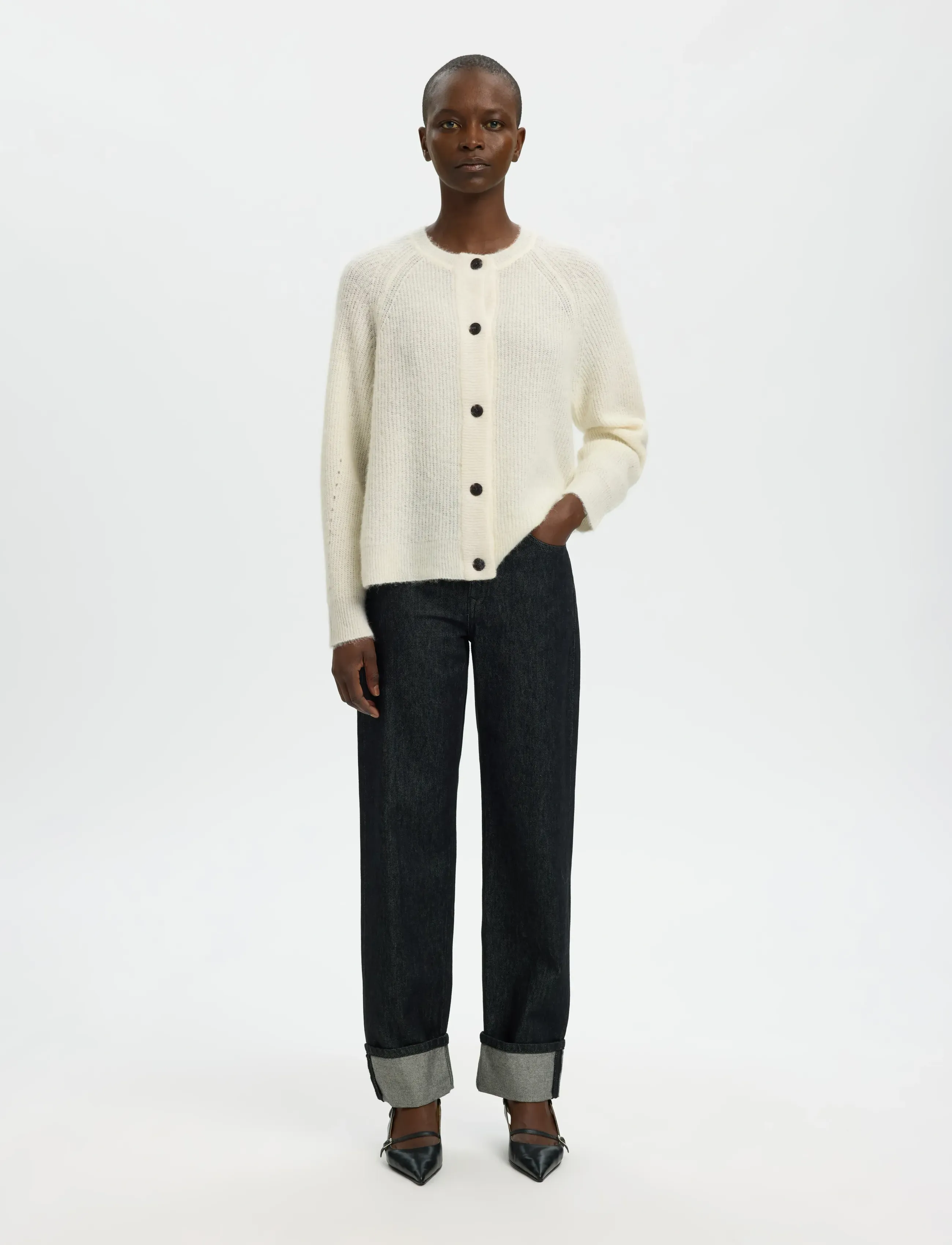 Selected - SLFLULU LS KNIT SHORT CARDIGAN B NOOS - cardigans - snow white - 3