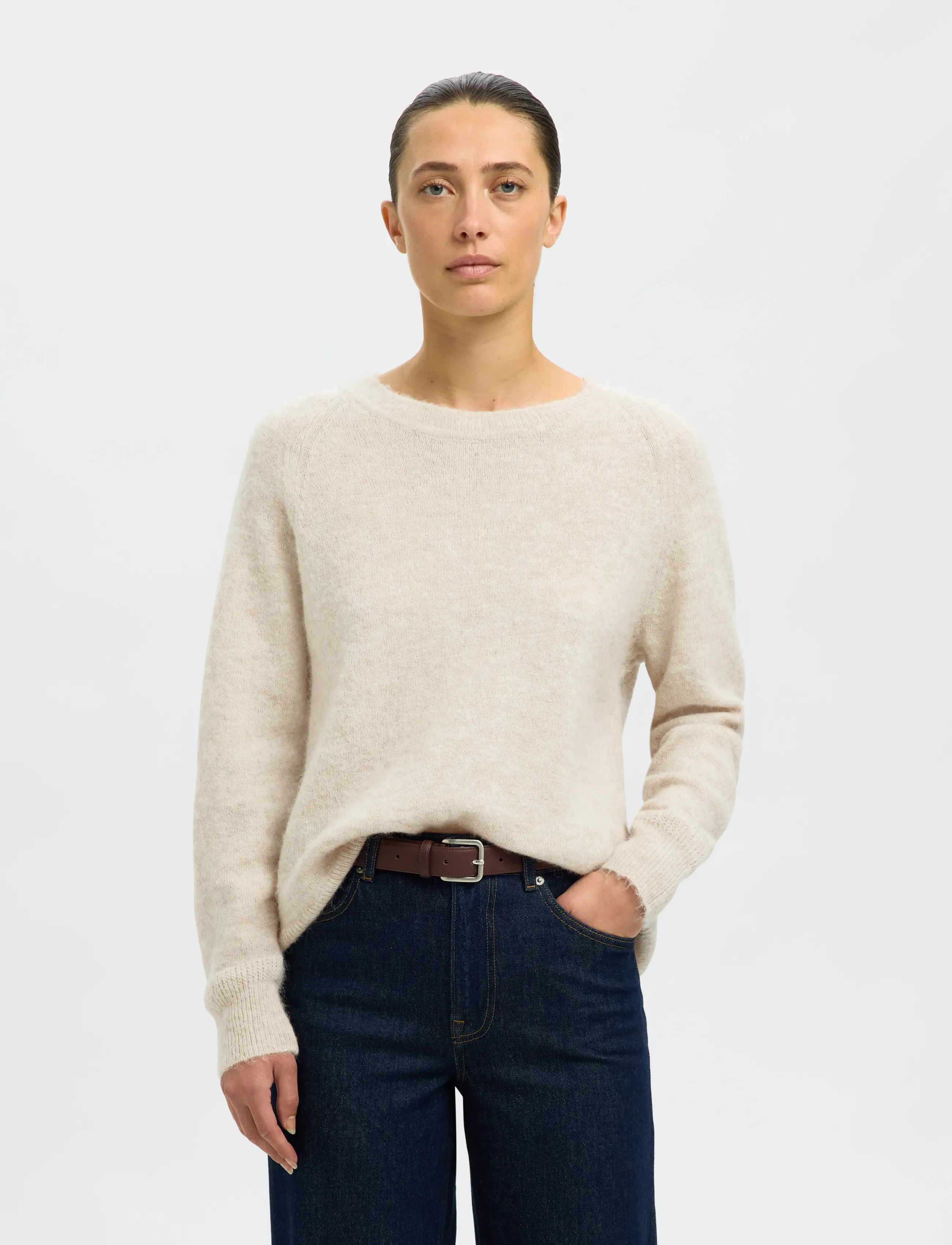Selected - SLFLULU LS KNIT O-NECK NOOS - pulls - birch - 0