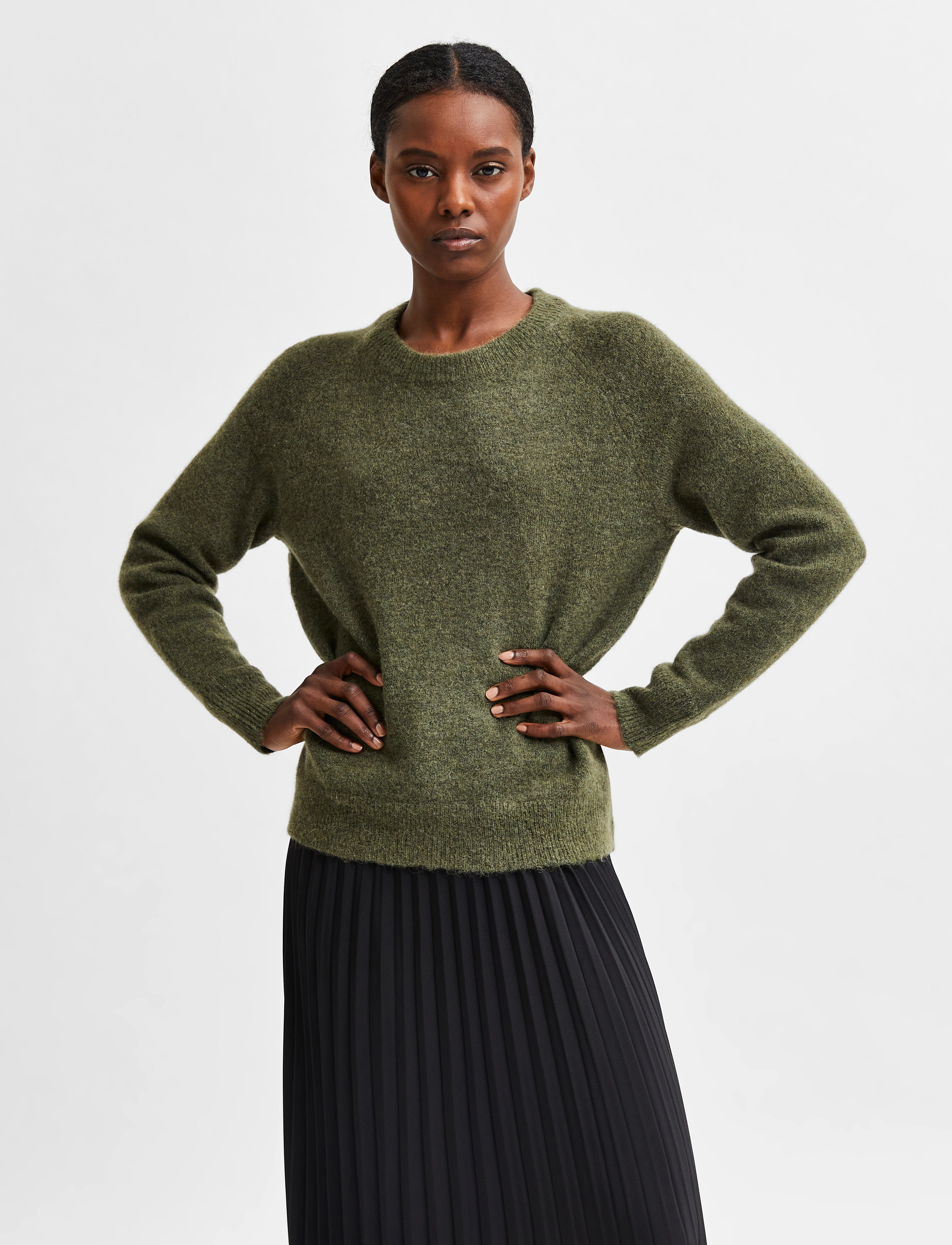 Selected Slflulu Ls Knit O-Neck B Noos, XL, Knitwear, Khakigrün - Jumpers, Frauen