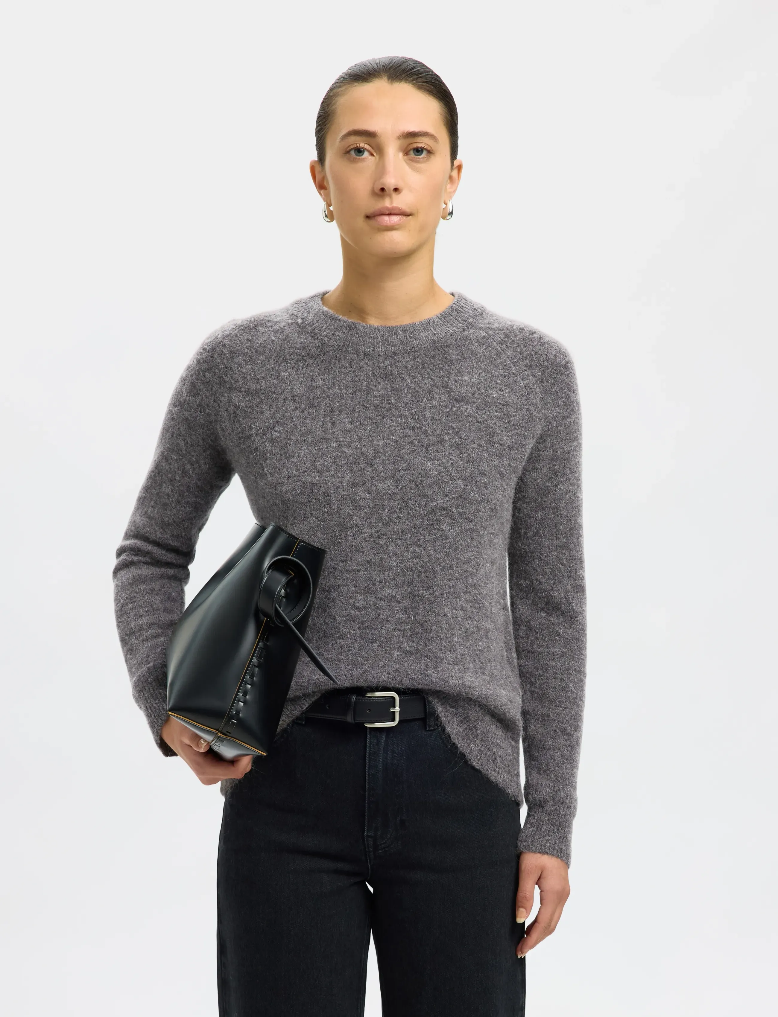 Selected - SLFLULU LS KNIT O-NECK NOOS - striktrøjer - medium grey melange - 0