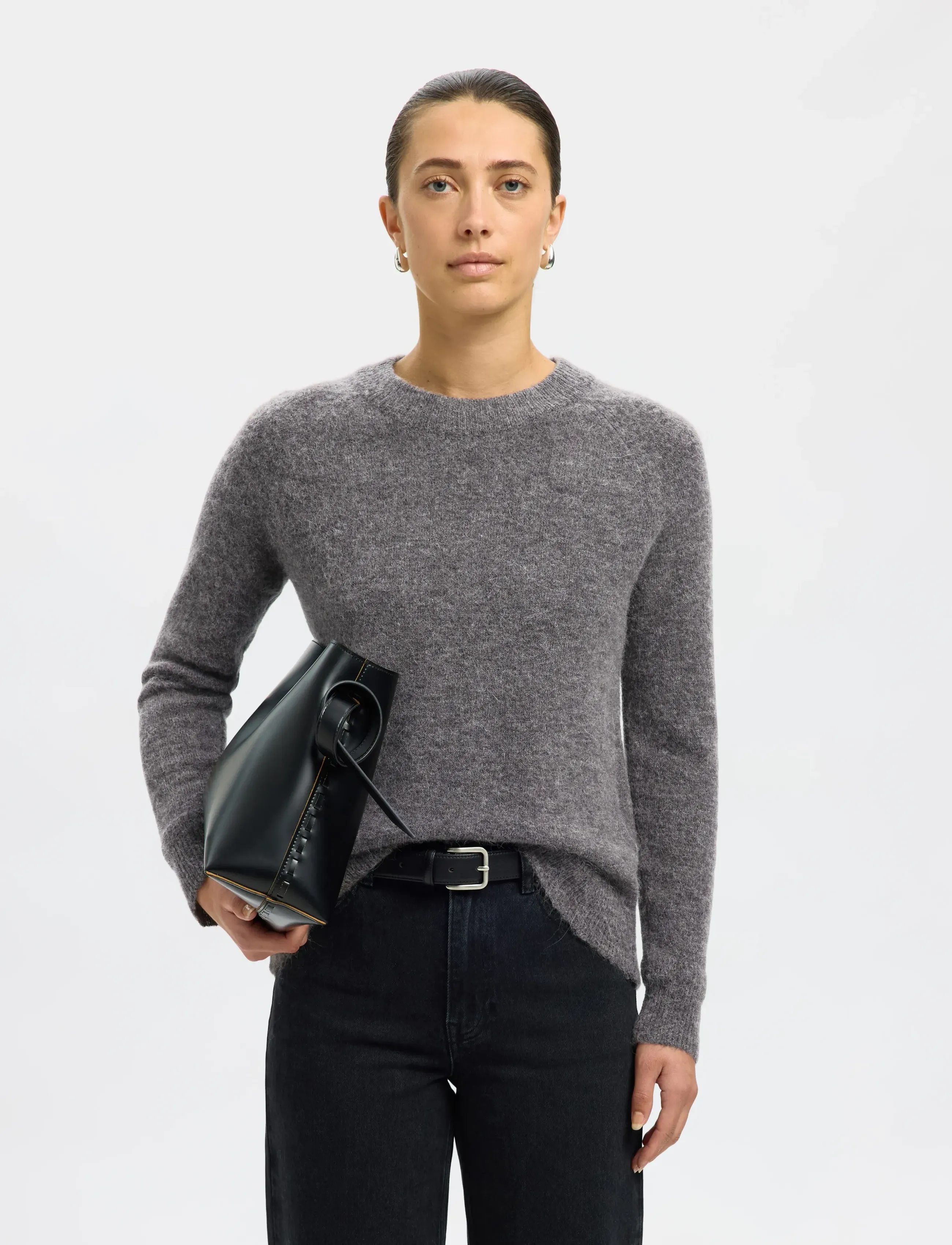 Selected - SLFLULU LS KNIT O-NECK NOOS - striktrøjer - medium grey melange - 4