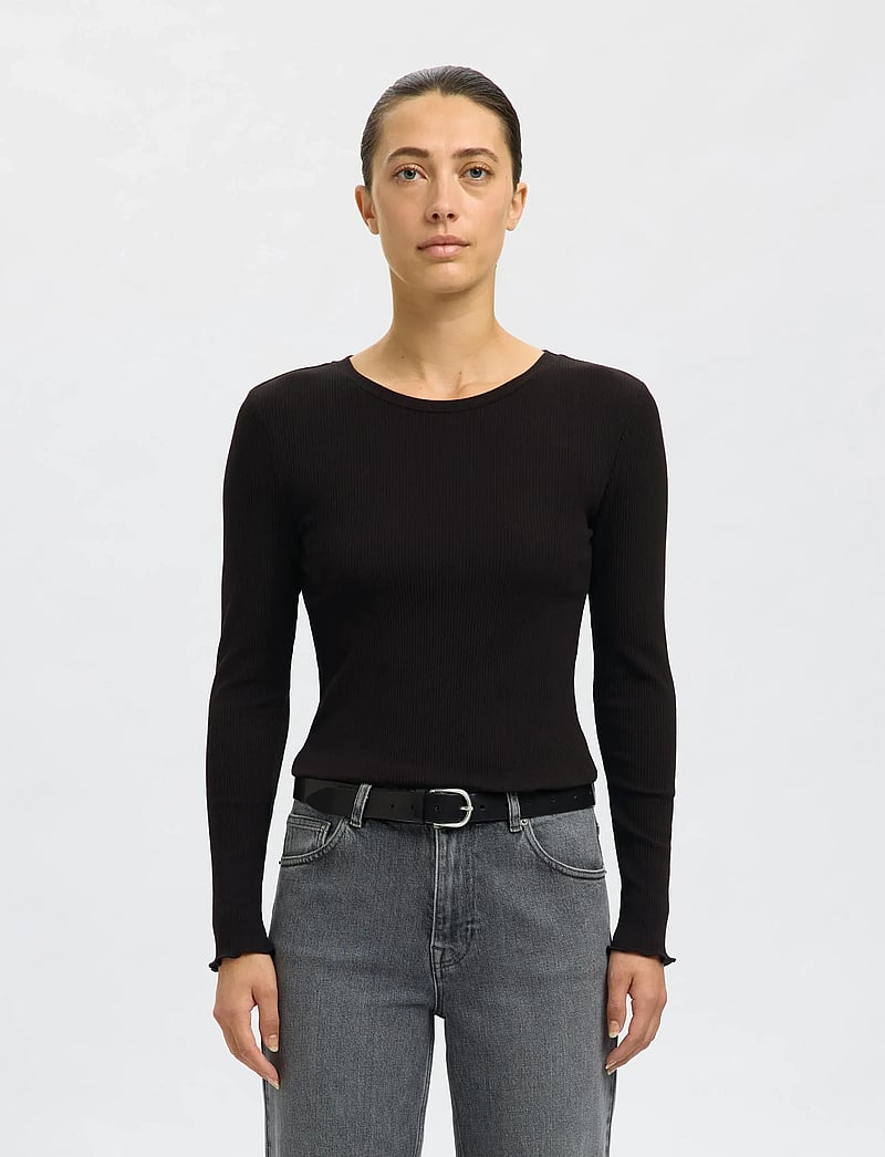 Selected - SLFANNA LS CREW NECK TEE S NOOS - långärmade toppar - black - 0